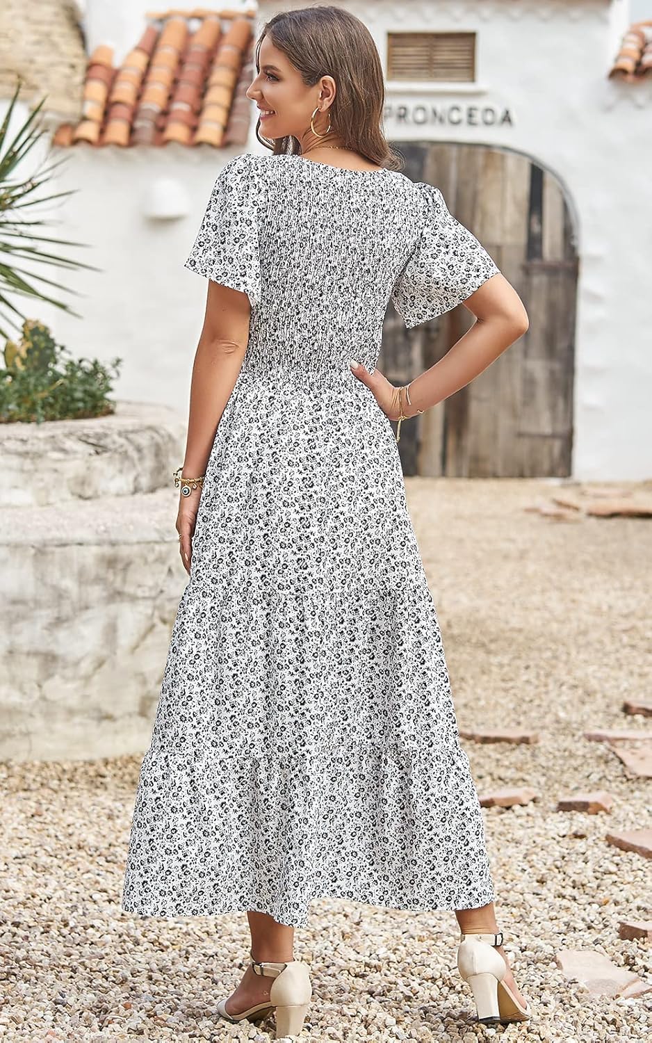 PRETTYGARDEN Women's 2026 Spring Casual Flutter Short Sleeve Boho Floral Maxi Dress Crew Neck Smocked Tiered Long Dresses - Image 4