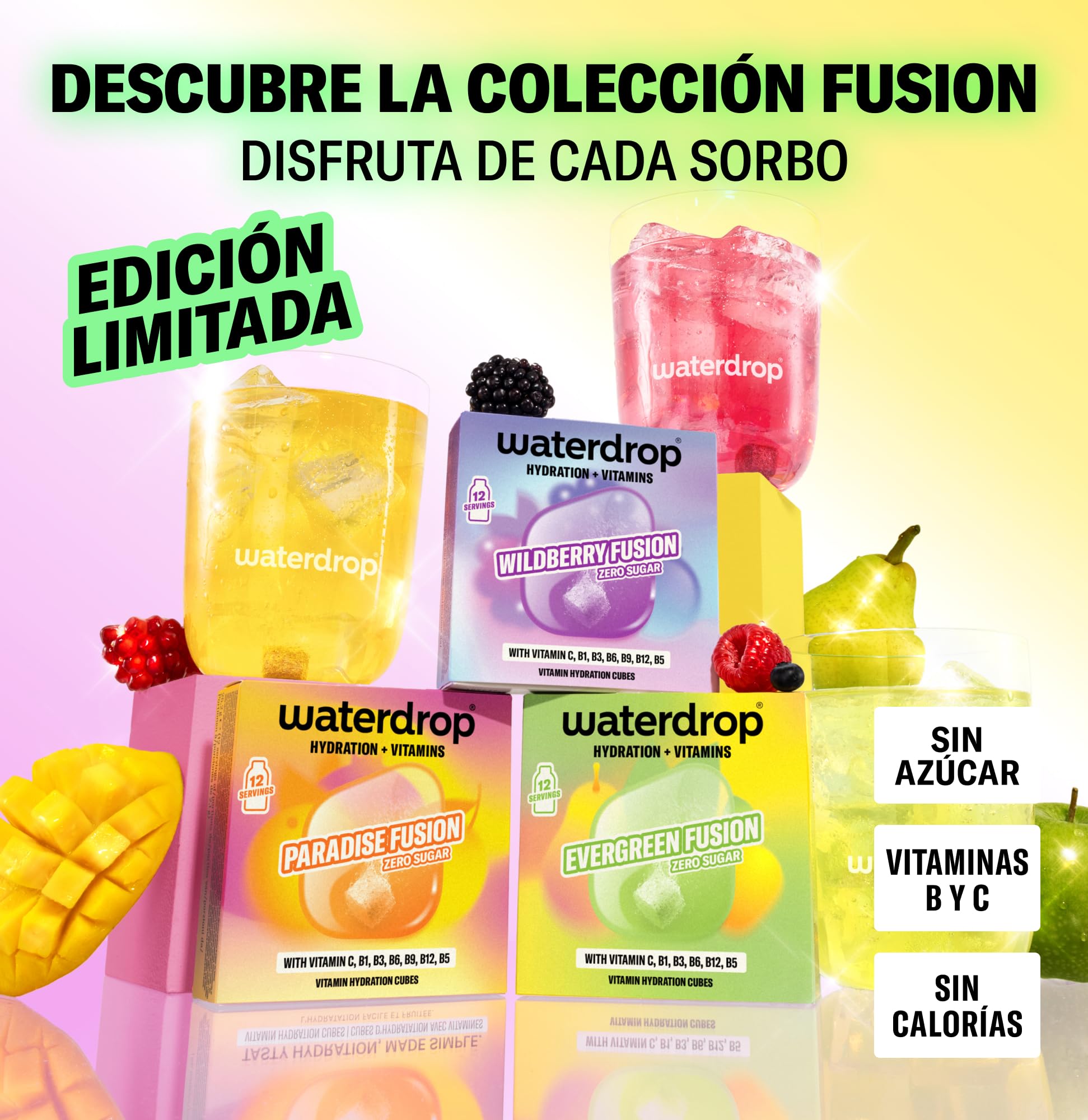 waterdrop® Microdrink FUSION COLLECTION - Set de 36 Pastillas Saborizantes para Agua - Mix de Frutas - Vitaminas C y B12 - Sin Azúcar y Bajo en Calorías - Alternativa Saludable a los Refrescos