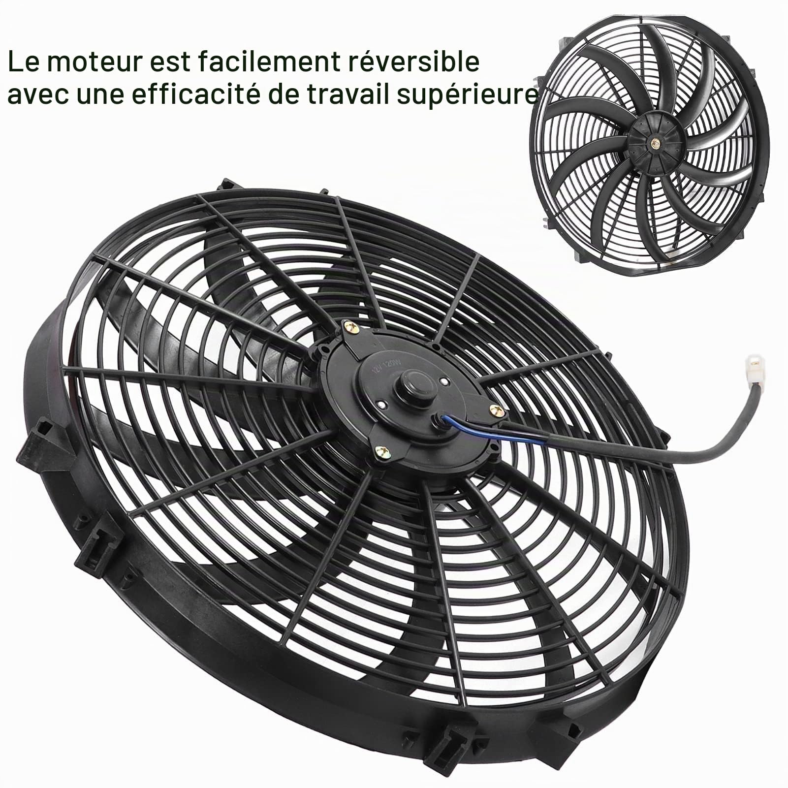 Ventilateur de Refroidissement de Voiture 16 Pouces, Radiateur Électrique Mince 120W 12V, 10 Ailes
