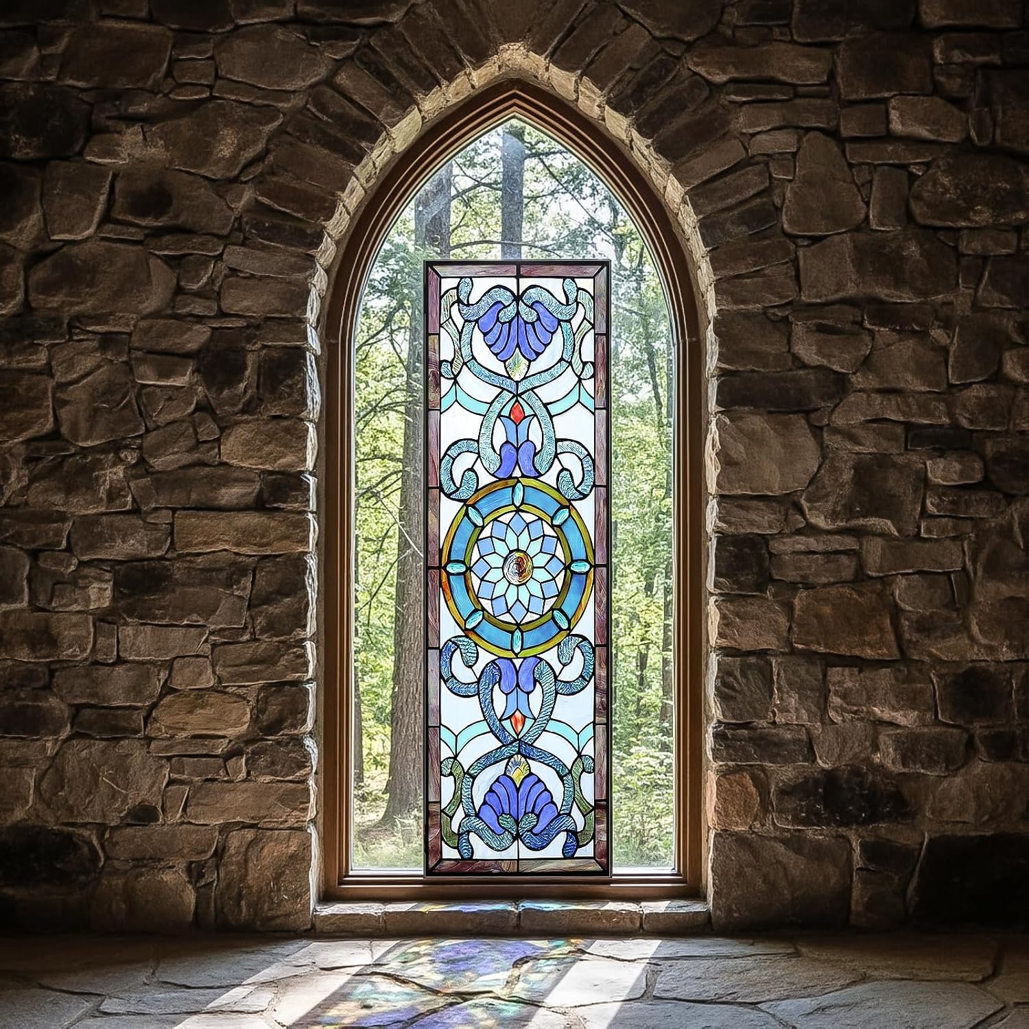 Extra Large Stained Glass Window Panels with Chain Kit, Victorian Horizontal Rectangle Window Hanging Transom for Home and Kitchen Decor(35 x 12 Inches,Blue Victorian Style)