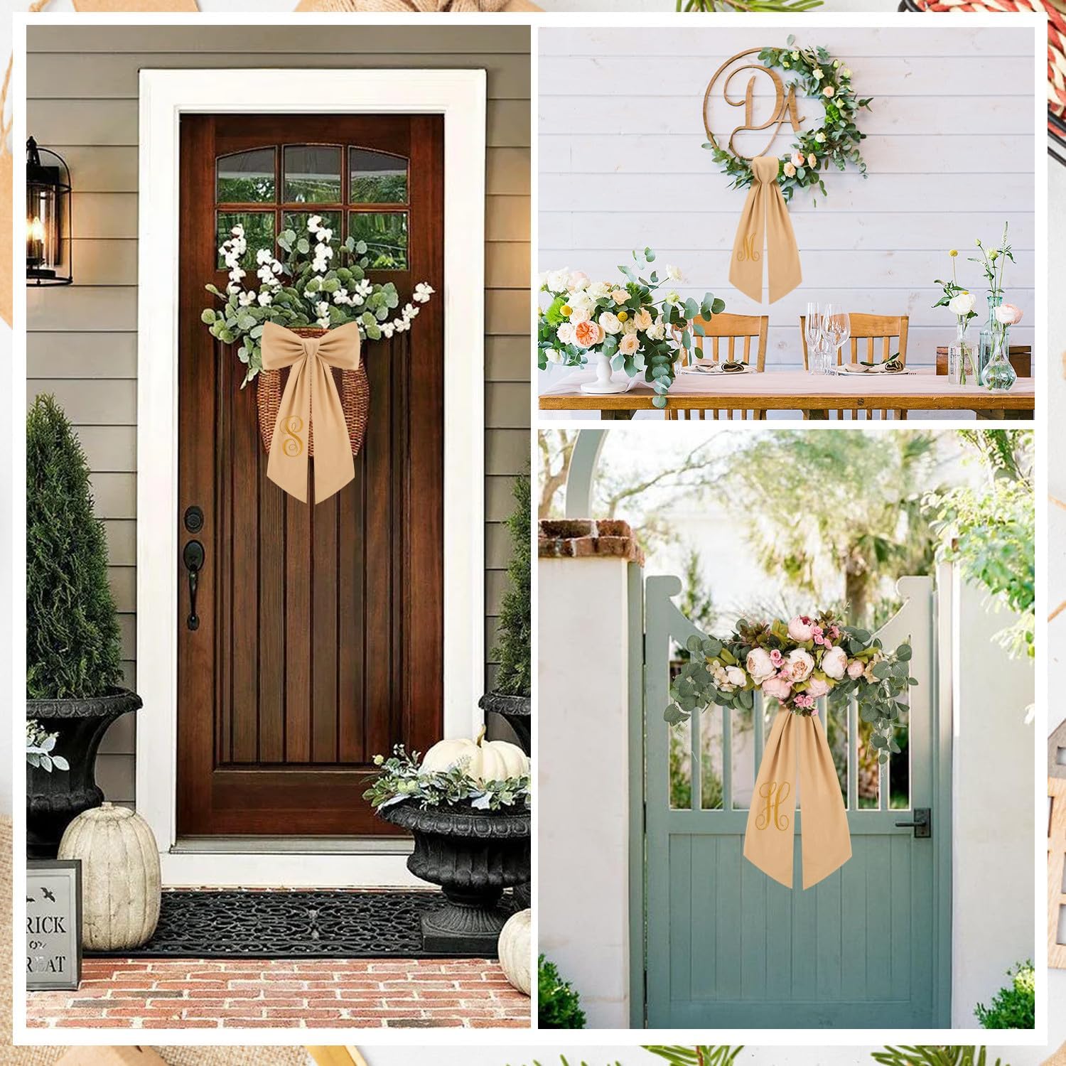 2 Pcs Burlap Wreath Sash, Linen Embroidery Monogram E, Polyester, Burlap, Gold, 5x55 Inches, General Home Decor - Image 7