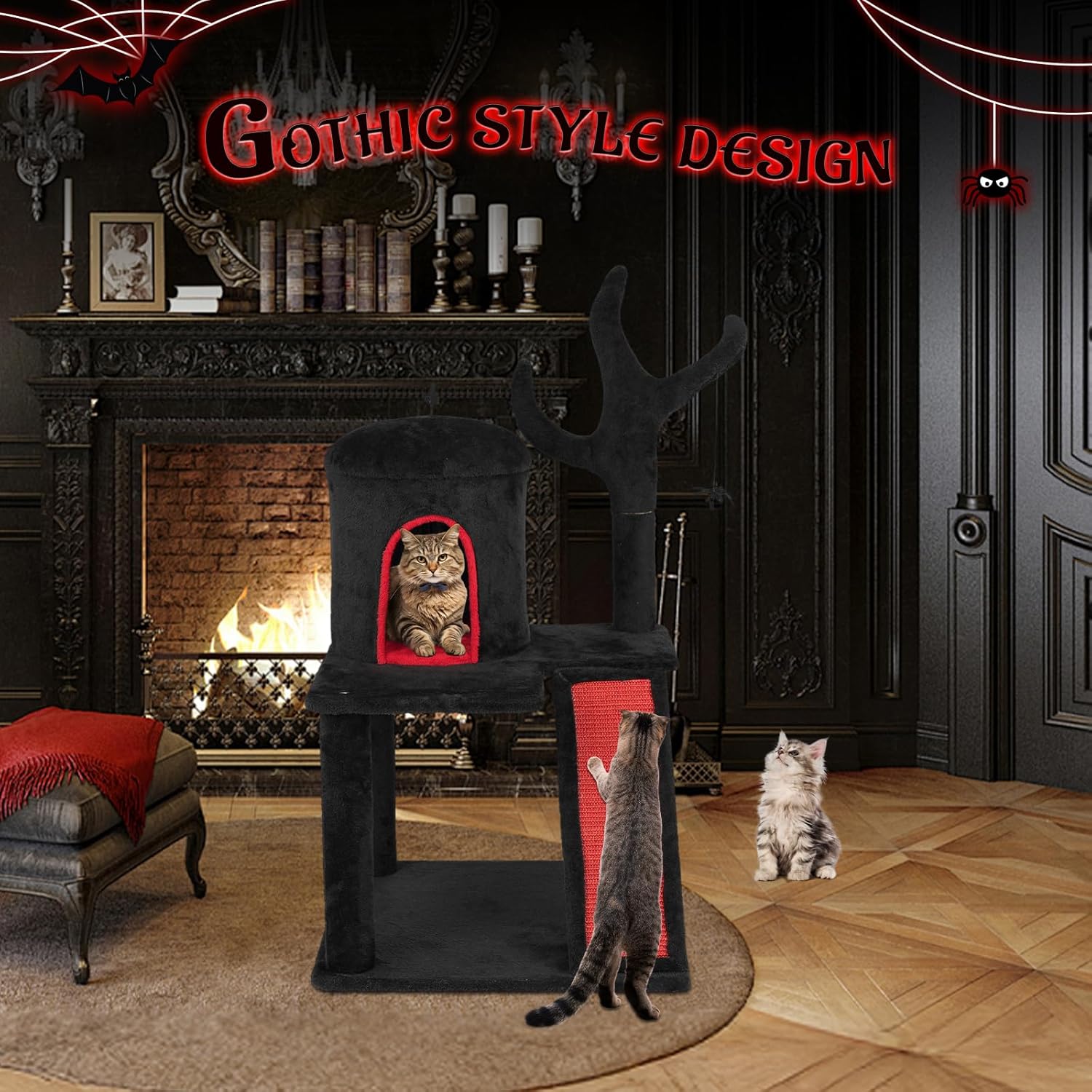 VINGLI 41.8in Gothic Cat Tree, Halloween Cat Tower for Indoor Cats with Dome Cat Condo, Branch Shaped Sisal Scratching Post, Ladder Scratcher & Hanging Spider Toy, Red & Black Cat Furniture