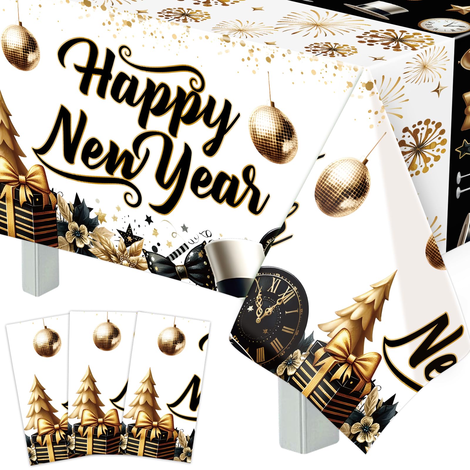 Fancy Land Happy New Year Tablecloths 3 Pack New Years Eve Party Supplies 2025 Gold Black White Tablecloths for Rectangle Tables Happy New Years Decorations 2025
