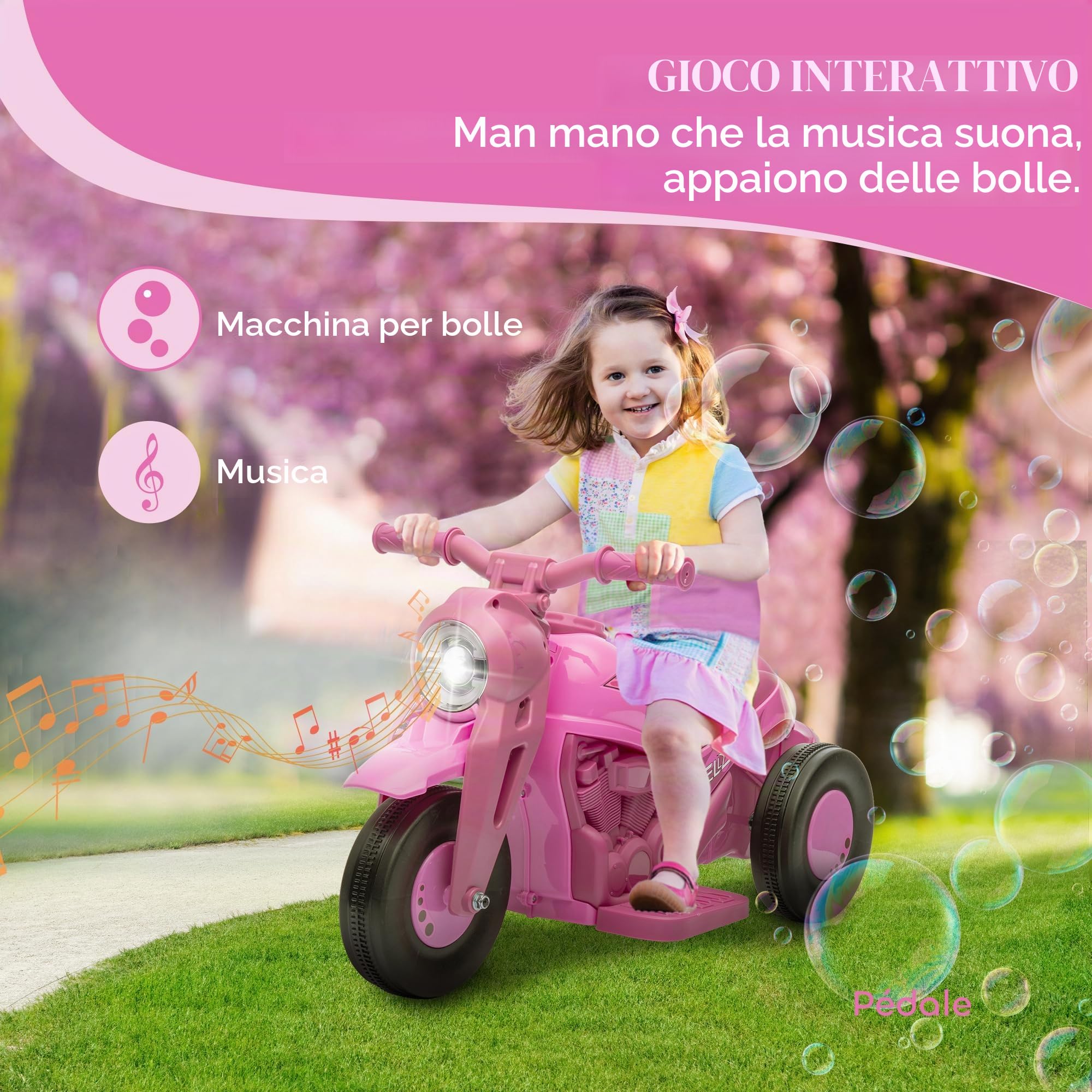 AIYAPLAY Moto elettrica per bambini 3 ruote 6V 3 km/h 2-5 anni Rosa