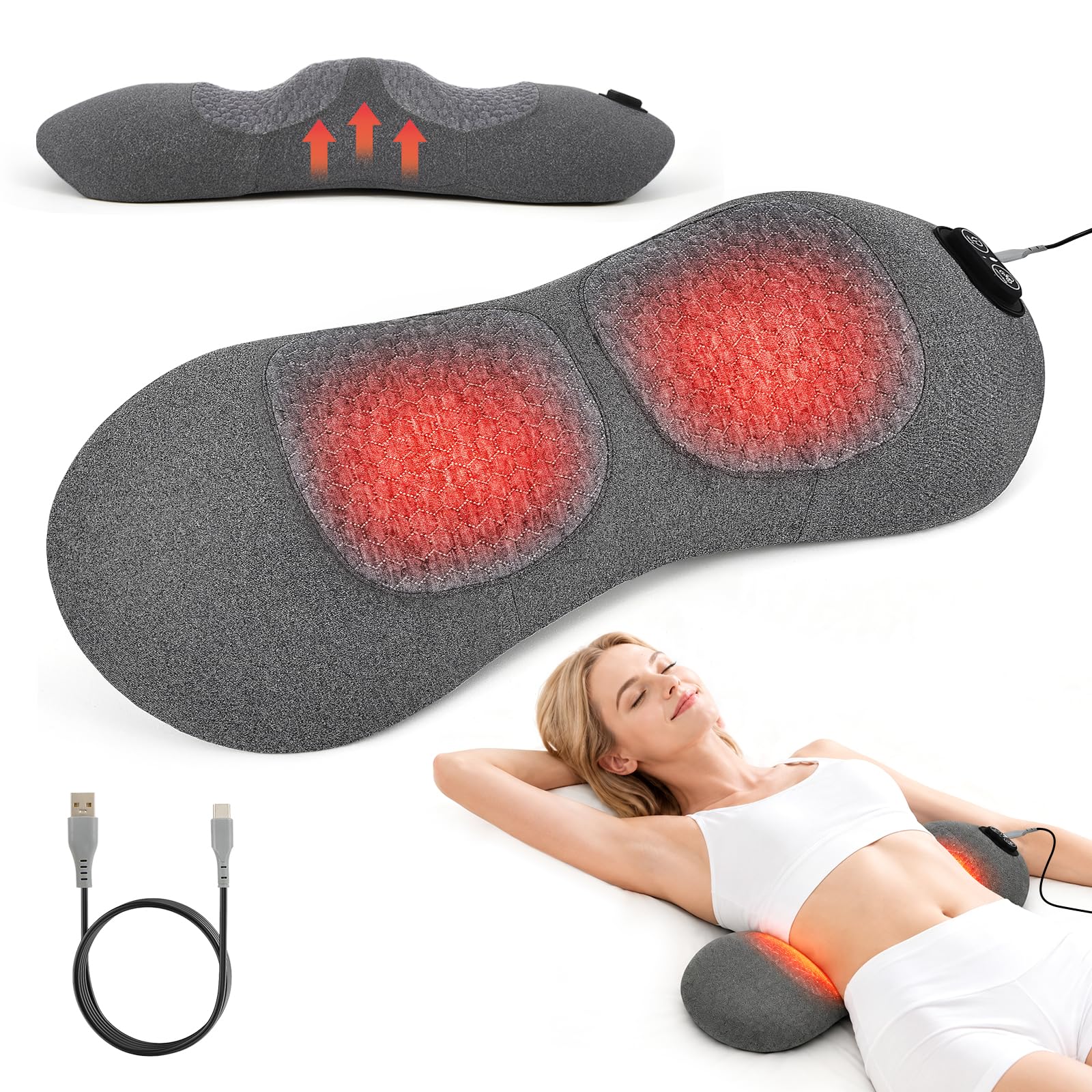 Cuscino massaggiatore elettrico 3 in 1 per schiena, ergonomico, con supporto lombare regolabile e calore delicato, comodo cuscinetto alimentato tramite USB, per letto, sedia e scrivania