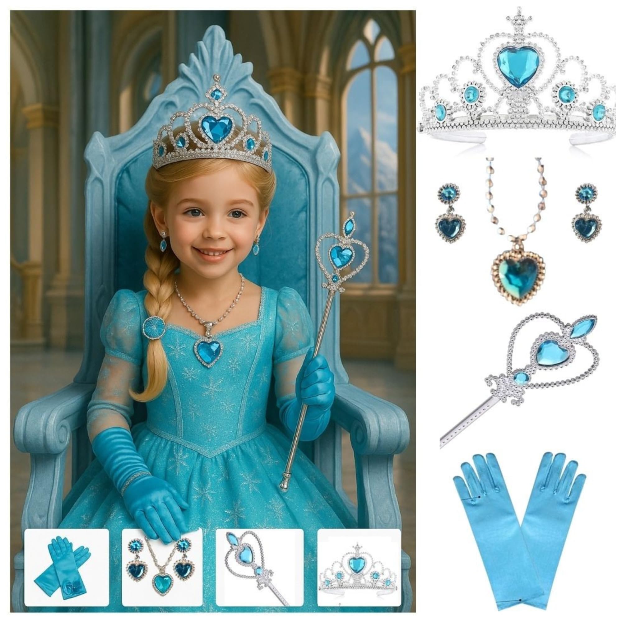 Wanna Party Princess Elsa Dress Up Accessories Jewelry Play Toy Set for Girls with Gloves, Tiara,Wand,Necklace & Earrings for Cinerella Princess Elsa Costume Accessories - Image 2 thumbnail