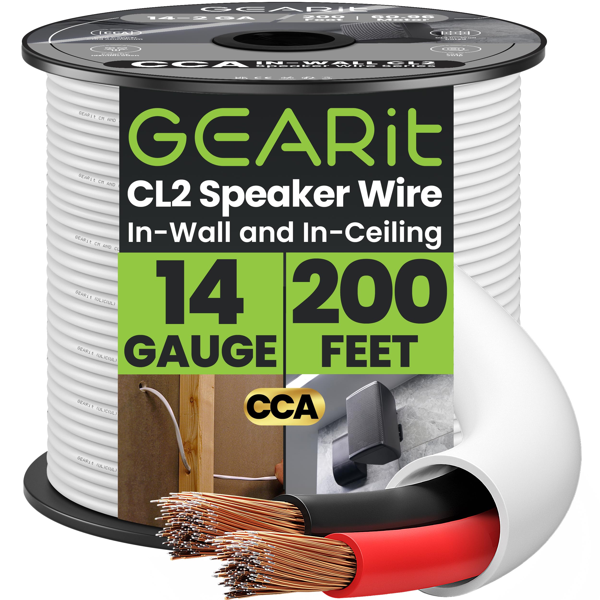 GearIT 14/2 Speaker Wire (200 Feet) 14 Gauge (Copper Clad Aluminum) - Fire Safety in Wall Rated Audio Speaker Wire Cable / CL2 Rated / 2 Conductors - CCA, 200ft