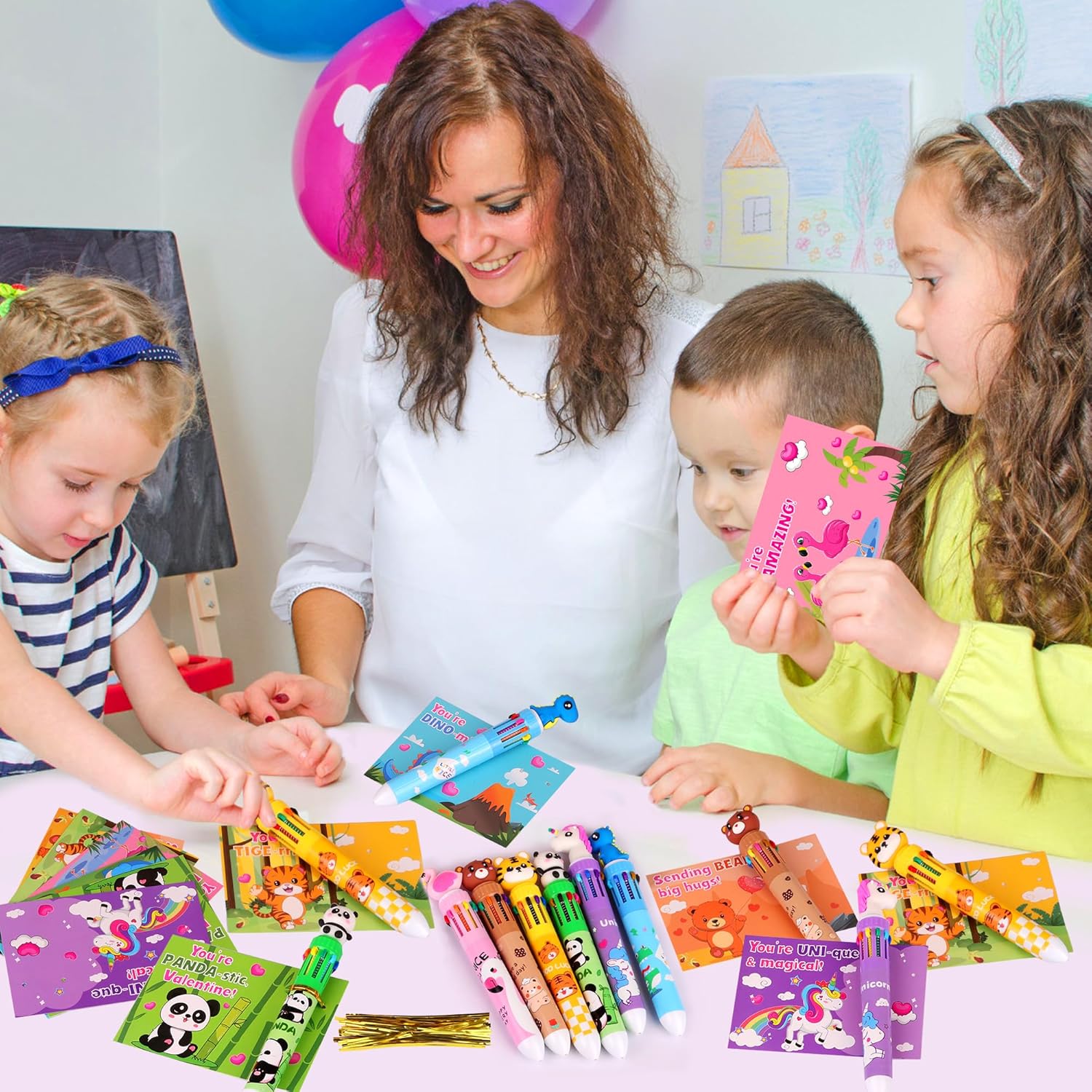 24 Pack Valentines Day Gifts for Kids Classroom 10-in-1 Multicolor Ballpoint Pens with Valentines Cards for Kids School, Valentines for Kids Classroom Class Exchange Gifts Party Favors for Boys Girls