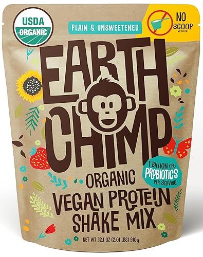 EarthChimp Proteína vegana orgánica en polvo, con probióticos, sin OMG, sin lácteos, sin suero de leche, proteína en polvo a base de plantas para