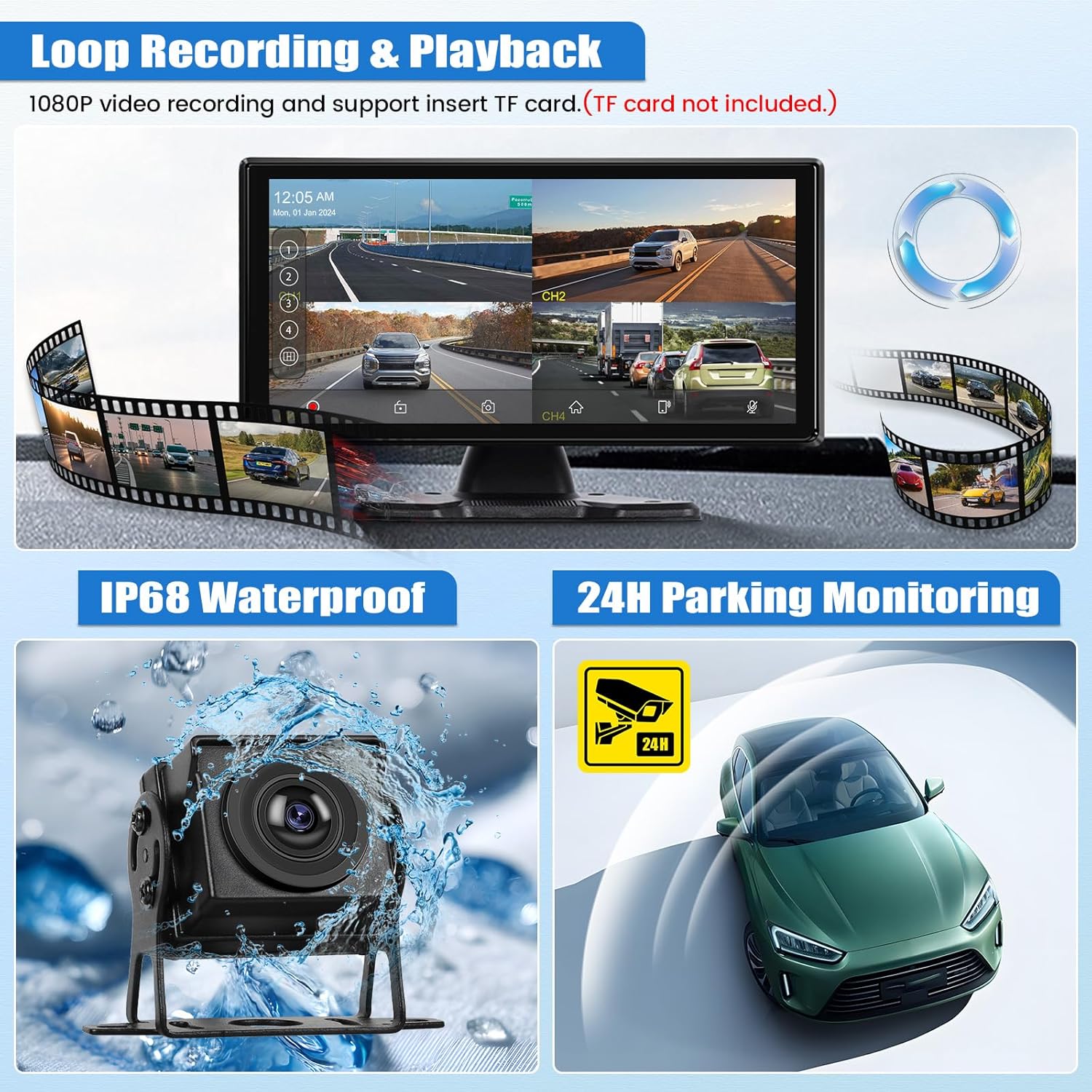 1080P 4K RV Backup Camera System Portable Wireless Apple Carplay/Android Auto Mirror Link Smart Player 10.36 inch Touchscreen Reverse Monitor DVR Loop Recording 4 Split Screen Bluetooth USB TF