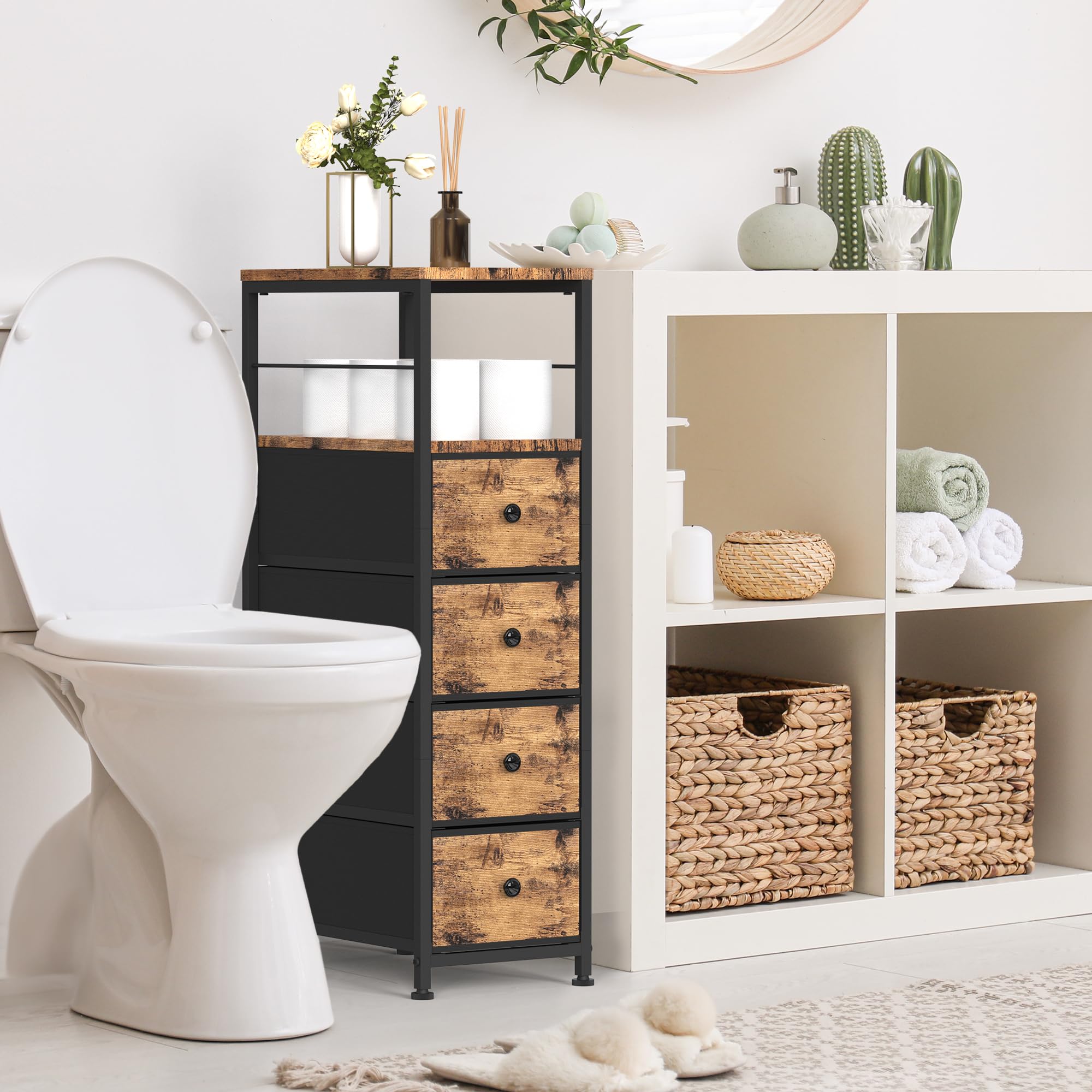 CADUKE Cómoda estrecha, torre de almacenamiento de 4 cajones, marrón rústico | Parte superior de madera, marco de metal resistente, cajones delgados para dormitorio, baño, sala de estar