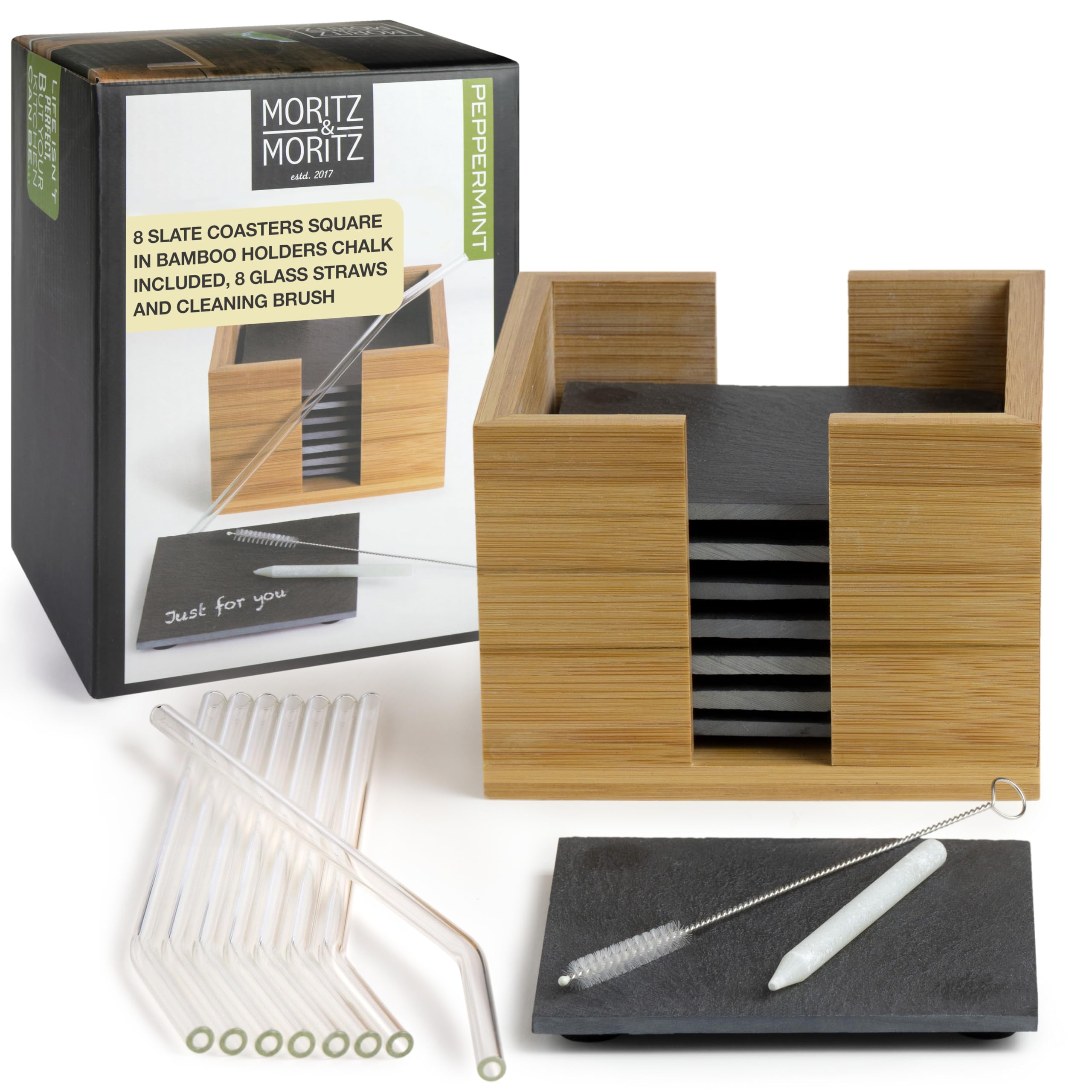 Moritz & Moritz 8x Natural Slate Coasters Square 10x10cm with Glass Straws – Reusable Slate Drink Coaster Set with Bamboo Holder, Cleaning Brush & Chalk Pen – Ideal for Glasses, Mugs & Gifts