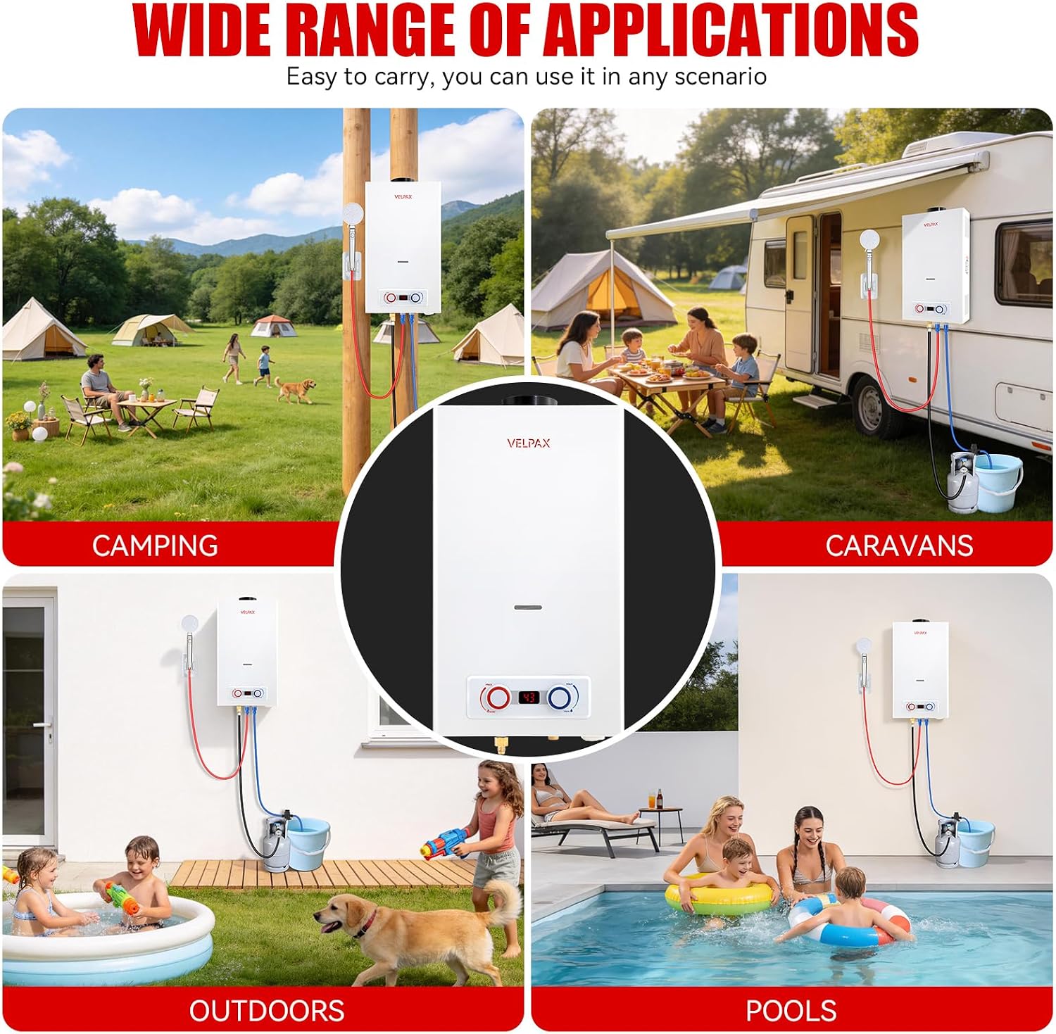 Propane Water Heater 4.2 GPM 16L Outdoor Portable Tankless Water Heater 81891 BTU/Hour with Digital Display Battery Ignition 5 Mode Shower Head Instant On Demand Hot Water for RV Camping Cabin