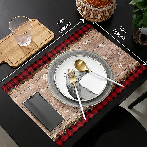 Miniatura 6 de Lazone Juego de 6 manteles individuales con diseño de árbol de Navidad para mesa de comedor, diseño de copos de nieve, diseño retro de grano de