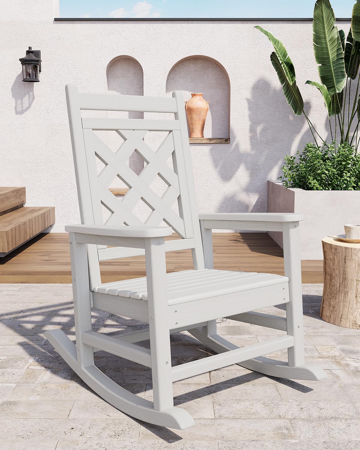 Garvee Silla Mecedora de Exterior HDPE con Veta Madera, Sillón Balancín para Jardín Ergonómico con Respaldo Cuadrado y Rejilla, Butaca de Terraza Resistente a Intemperie y UV, 73x85x95 cm, Blanco