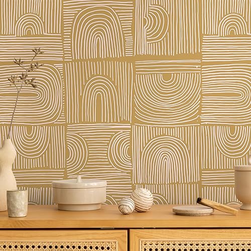 Miniatura 2 de VEELIKE Papel tapiz geométrico bohemio con arcos amarillos para despegar y pegar, extraíble, para dormitorio, baño, 17.7 x 118 pulgadas, papel tapiz