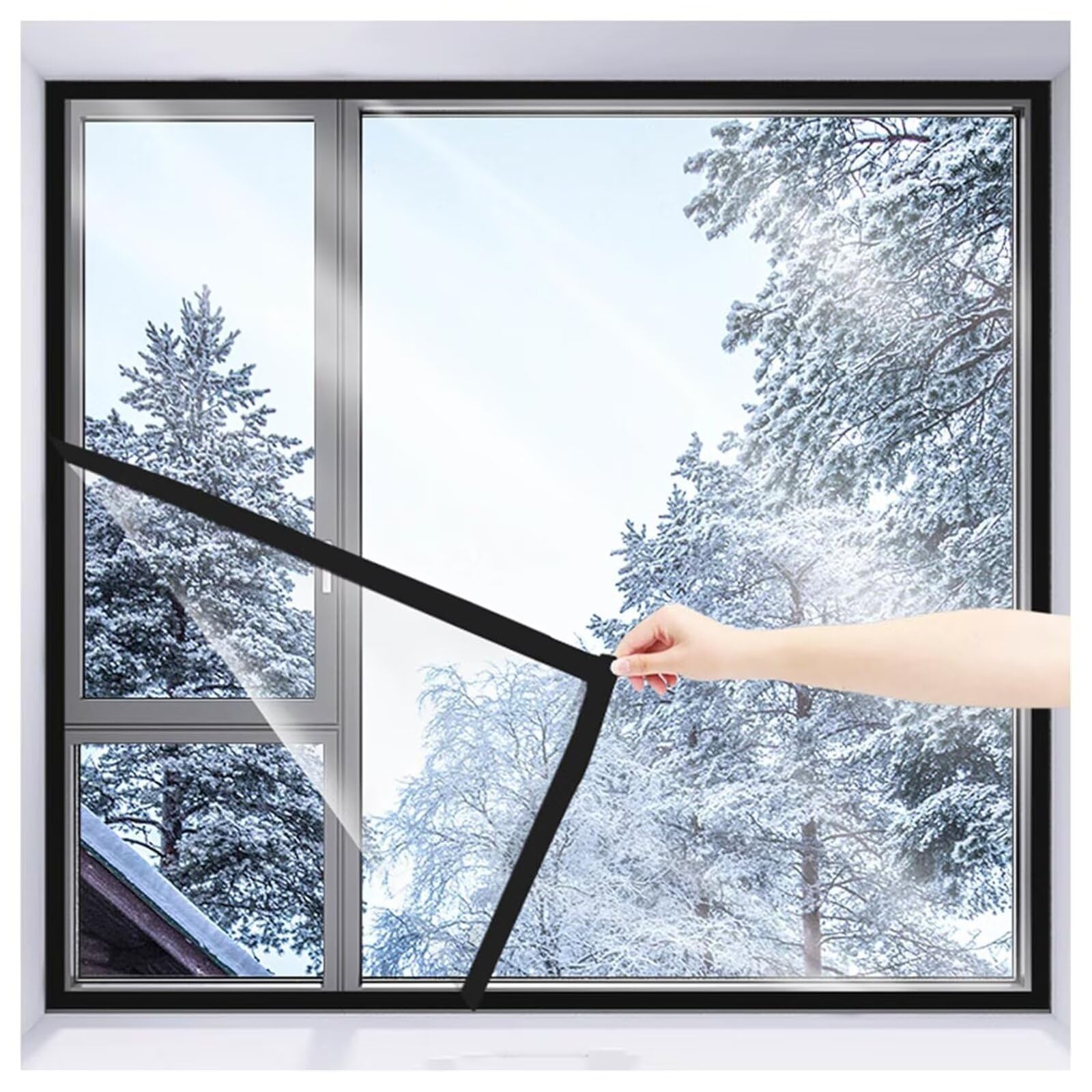 plastic window insulation Black W145 x H200cm for Winter Keep Cold Out,Easy to Open for Ventilation,held by Adhesive Straps,Reusable Plastic Window wrap