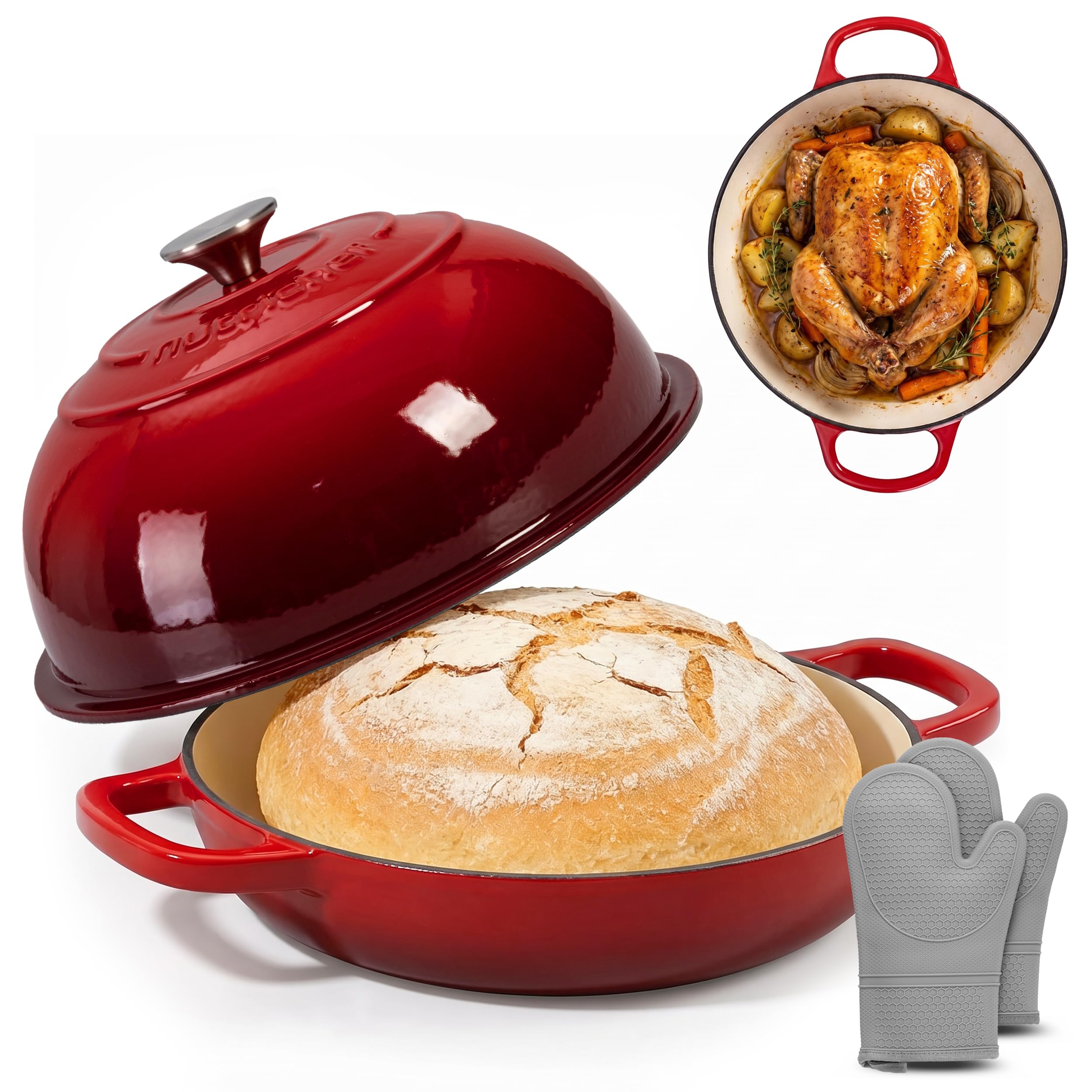 NutriChef 10,2" Emaliowany Żeliwny Garnek do Pieczenia Chleba, Kopułowa Forma do Chleba na Zakwasie z Uchwytami i Silikonowymi Rękawicami, Odporna na Temperaturę do 260°C, Dutch Oven (Czerwona)