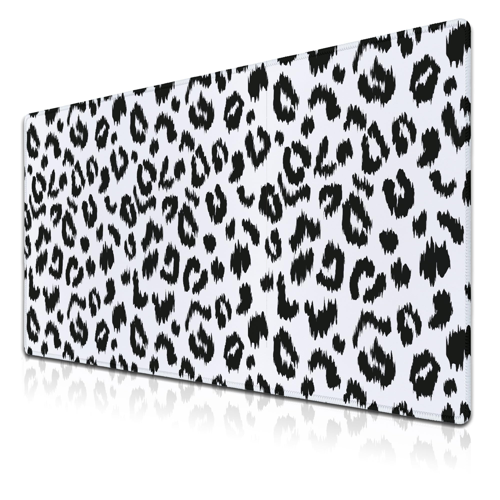 Samgula Large Gaming Mouse Pad - White and Black Desk Mats, Non-Slip Rubber Base 35.4 X 15.7 for Game Office, Leopard Print
