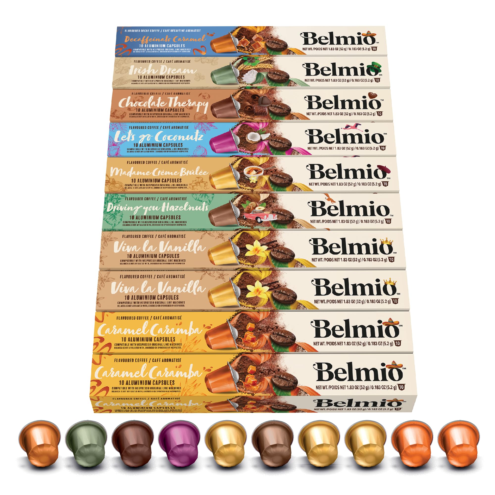 Belmio Cápsulas Nespresso Compatibles, Pack Gama Todos los Sabores, Capsulas de Café Tostado Medio, Intensidad 6 y 7, Auténtica Calidad de Bélgica, 8 Sabores, 100 Unidades