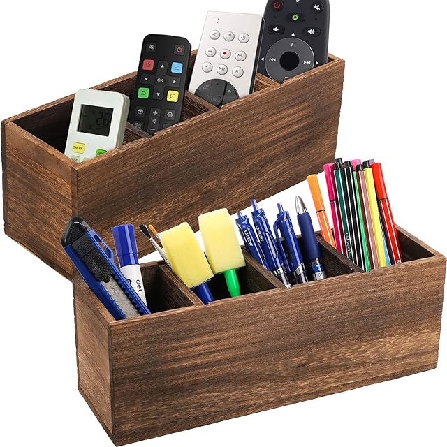Dicunoy 2 Pack Wooden Pencil Holder for Classroom, Wood Remote Control Holder Caddy, Retro Style Rustic Table Organizer with 4 Compartments for Art Supplies, Pen, Phones, Home, Office, School Desktop