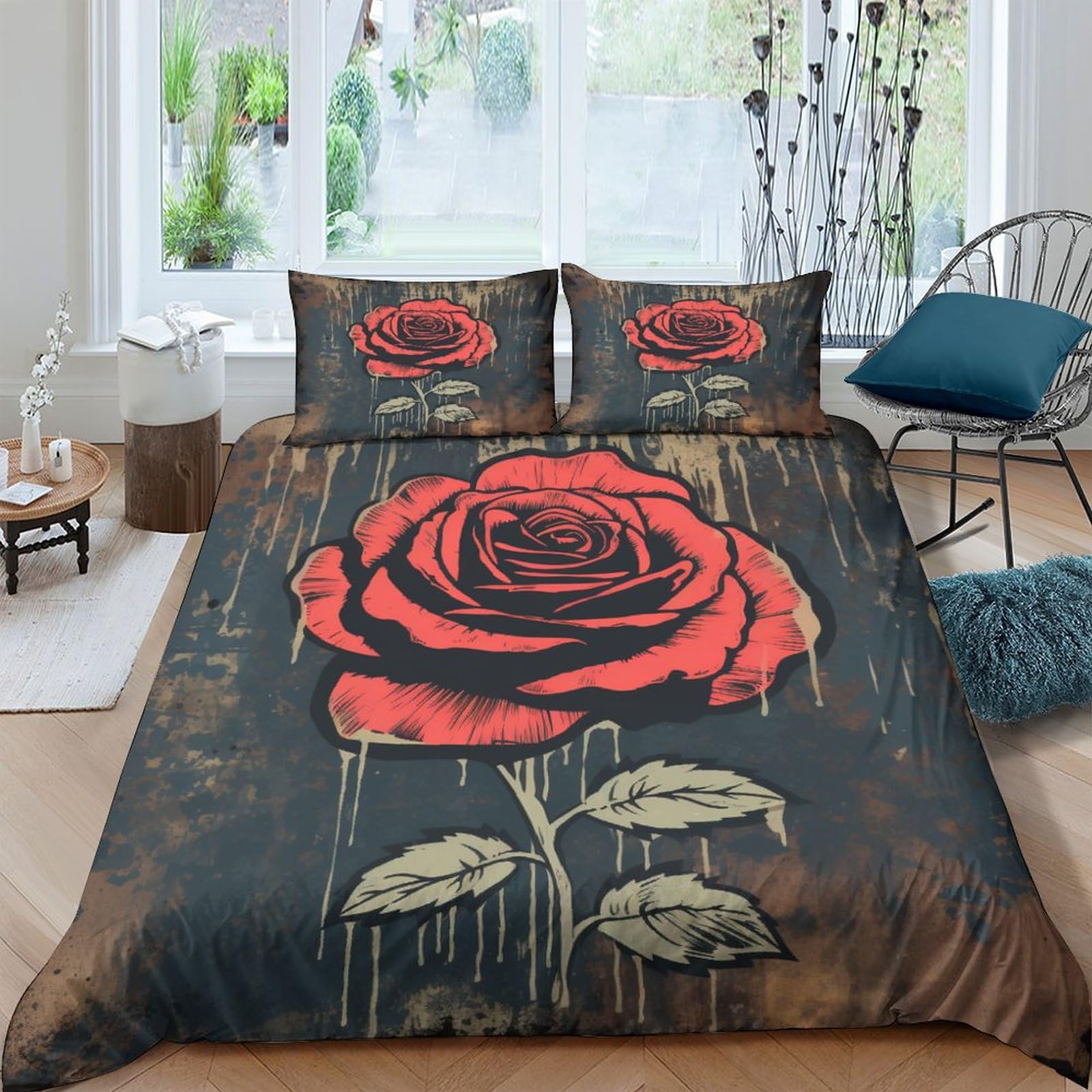 Housse de couette roses anciennes lit 2 personnes | Parure de lit microfibre 3 pièces 200x200