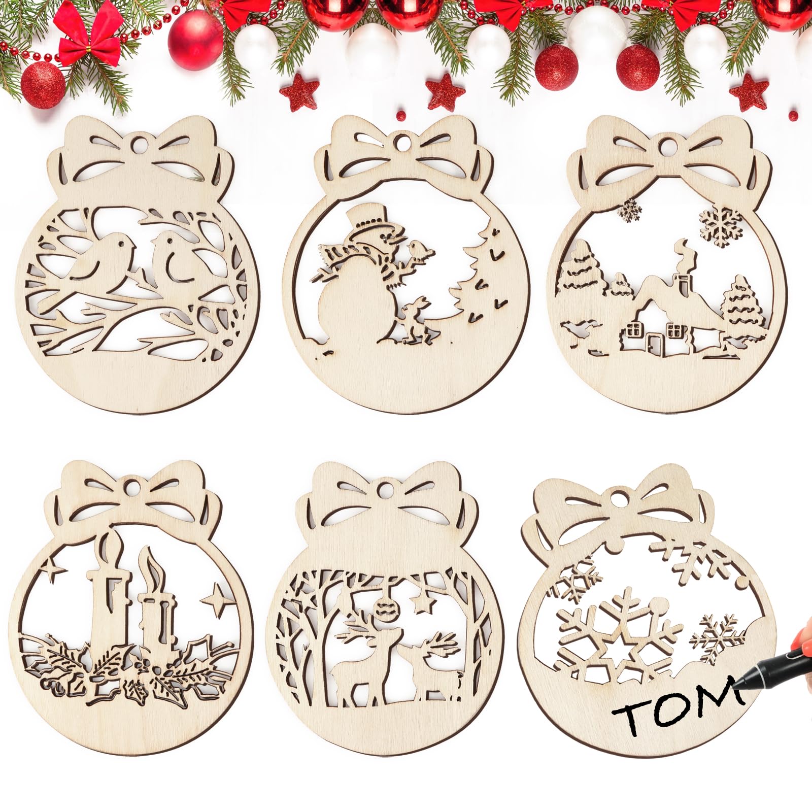 GEBETTER 30* Adornos Árbol Navidad Madera + 30* Cuerdas Yute + 1* Caja, Decoración Navideña Colgantes Bolas Lazos, Manualidades Niños Regalo Pintar DIY Fiesta (Modelos Mixtos)