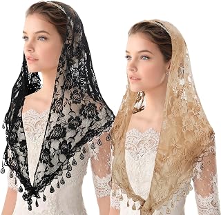 2 Pcs Mass Veil Triangle Mantilla Cathedral Head Covering Chapel Veil Lace Shawl Latin Scarf Latin Mass Head Covering Veils (Black, Khaki)