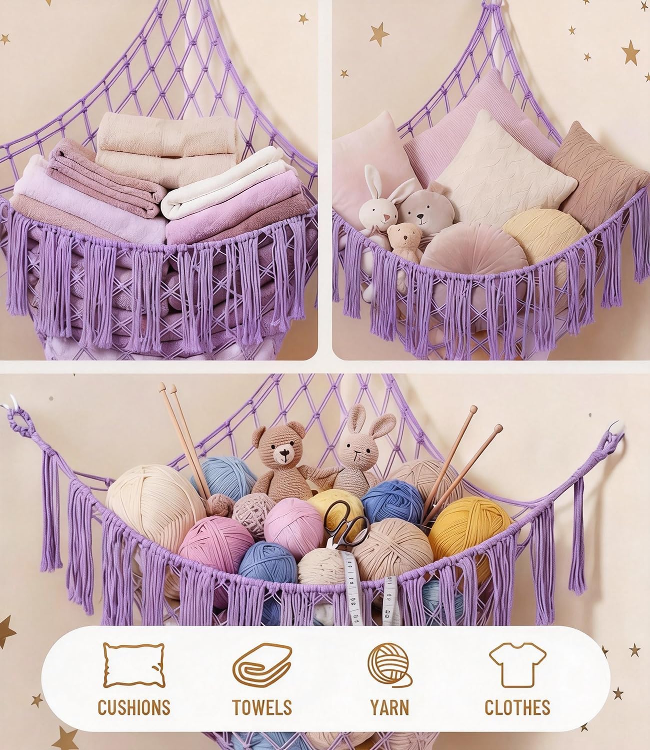 Large Stuffed Animal Net - Sturdy Handcrafted Stuffed Animal Hammock Corner, Natural Fully Handwoven Plushie Net, Space-Saving Holds 50+ Plushies, plushie net hammock for Nursery Baby Bedroom-Lavender