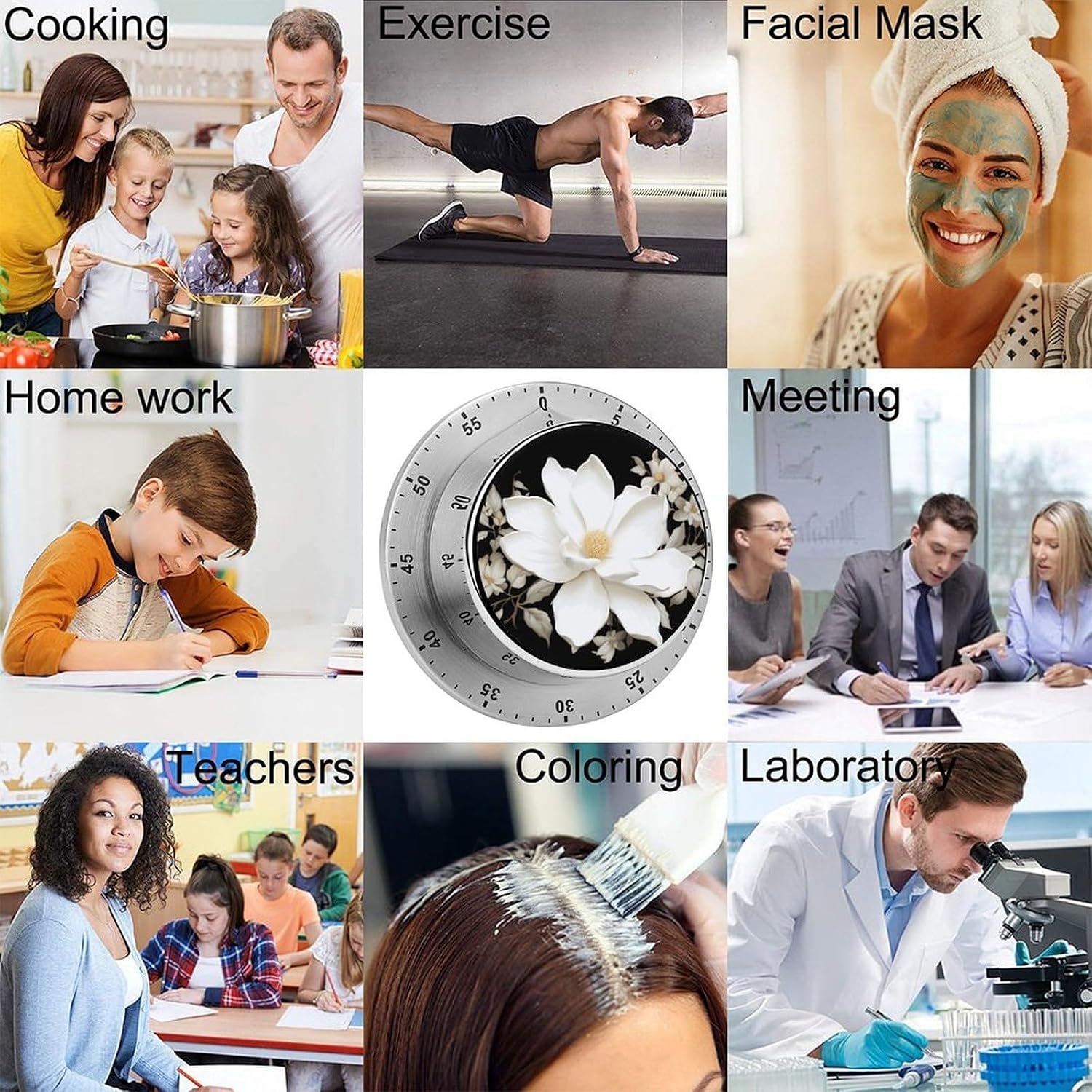 White Floral Timer Magnetic Backing 100% Mechanical Desk Timers Wind Up 60 Minutes Manual Countdown Timers No Batteries Required Kitchen Timer for Cooking