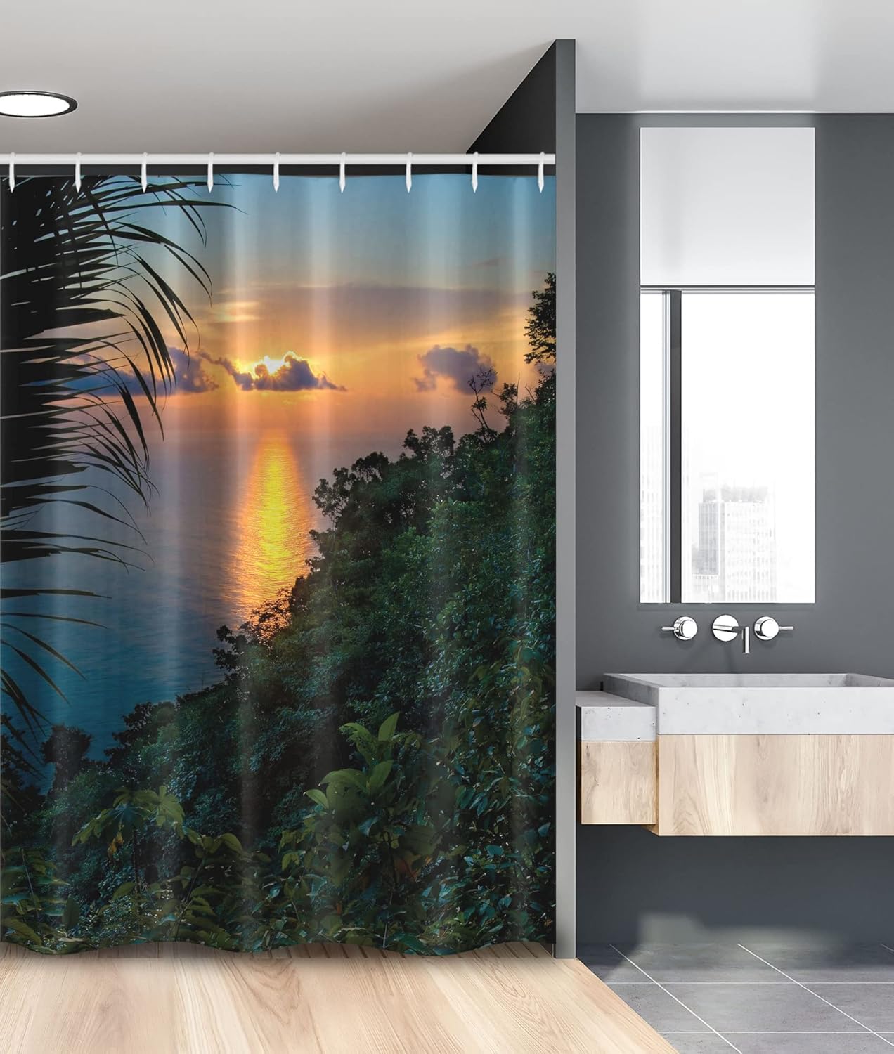 Ambesonne Rainforest Stall Shower Curtain, Rainforest Sunrise on Ocean Seaside Hills Tropical Plants Leaves Print, Fabric Bathroom Decor Set with Hooks, 54" W x 78" L, Green Blue Orange