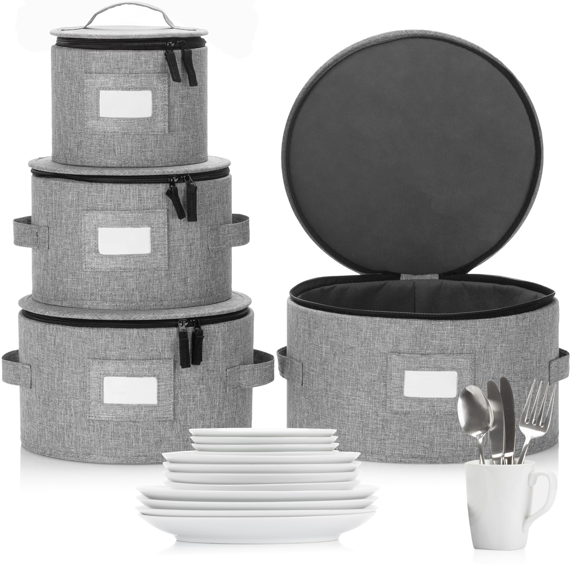 Set mit 4 Porzellan-Aufbewahrungsboxen für Geschirr, Hartschale, stapelbar, Größen: 30,5 cm – 25,4 cm – 21,6 cm und 17,8 cm B – 48 Teller-Trennwände im Lieferumfang enthalten