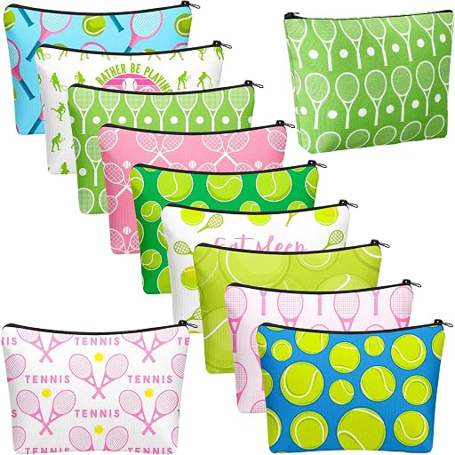 10 Pcs Tennis Makeup Bags Tennis Gifts for Women Ladies Sport Cosmetic Bag Team Inspirational Canvas Zipper Pouch Travel Toiletry Bags Accessories for Sports Lovers Players Coach Team
