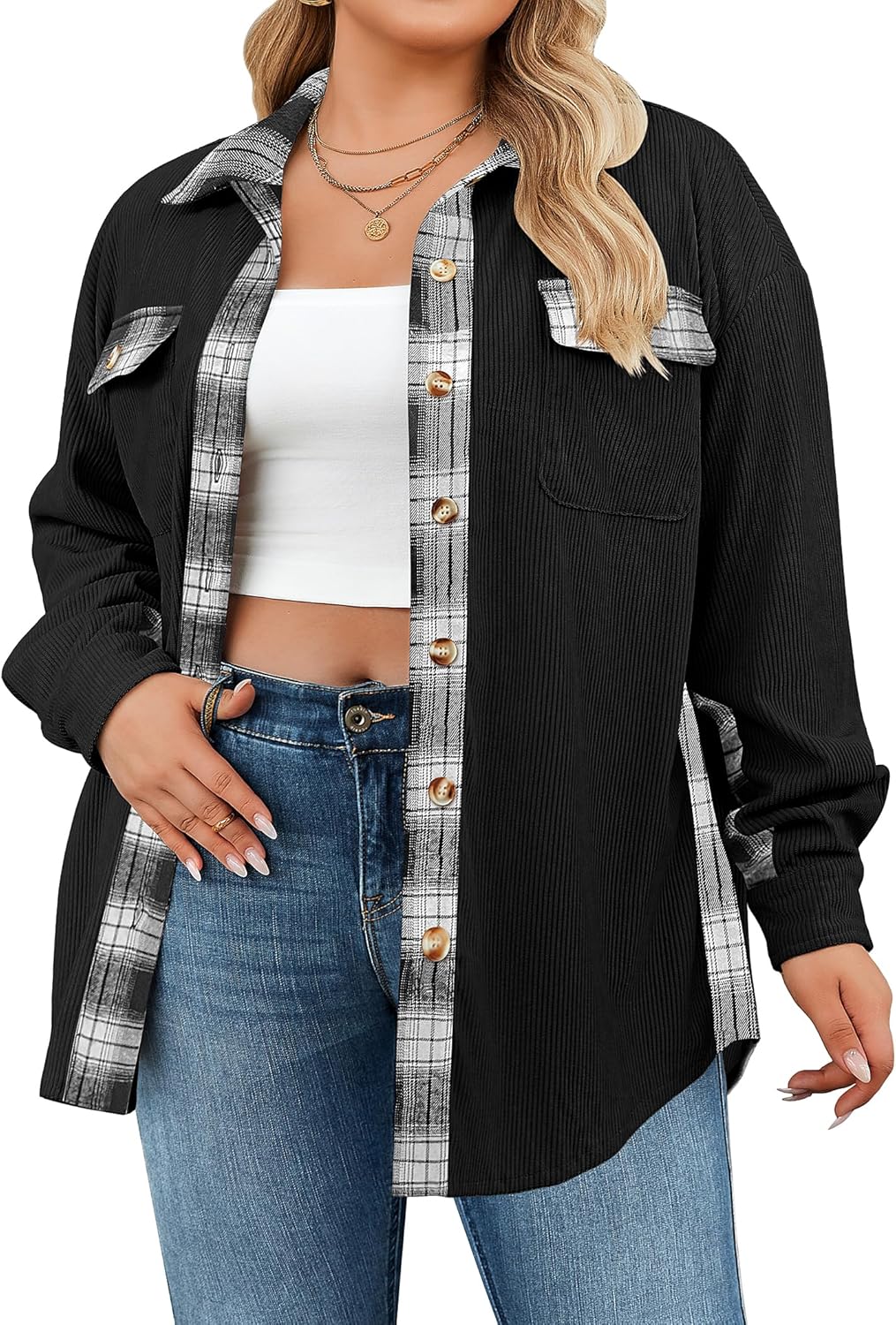 IN'VOLAND Womens Plus Size Corduroy Shacket Jacket Plaid Button Down Shirts Boyfriend Casual Long Sleeves Blouses Tops