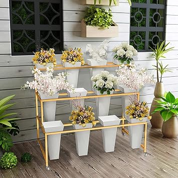 Flower Display Stand With 12PCS Buckets, 3 Layers Metal Plant Stand with Wheels, Heavy Duty Moving Plant Cart Shelf, for Indoor, Outdoor Patio Garden, Living Room, Florist (White - Square Bucket)
