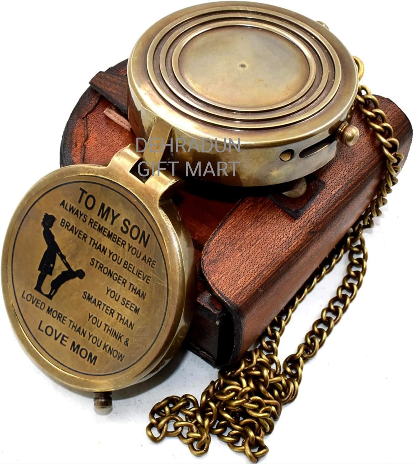 to My Son Vintage Style Engraved Brass Compass with Chain & Leather Case | Antique Inspirational Quote Pocket Compass for Hiking and Travelling Use Love Mom to Son Compass
