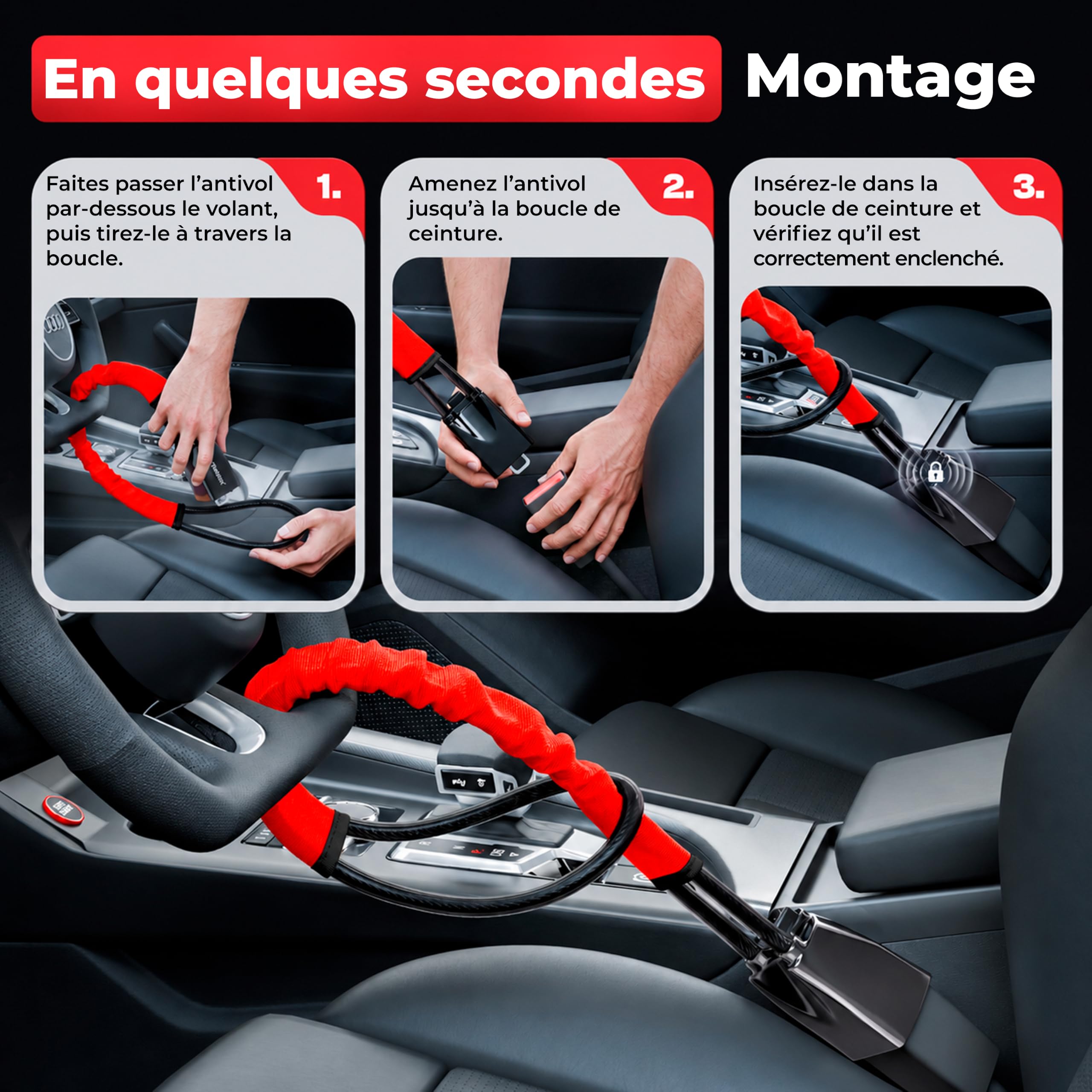 HELDENWERK® Antivol de volant pour voiture et camping-car - En métal - Ajustement universel - Antivol de volant avec câble en acier épais - Anti-démarrage - Avec 3 clés de sécurité - Rouge