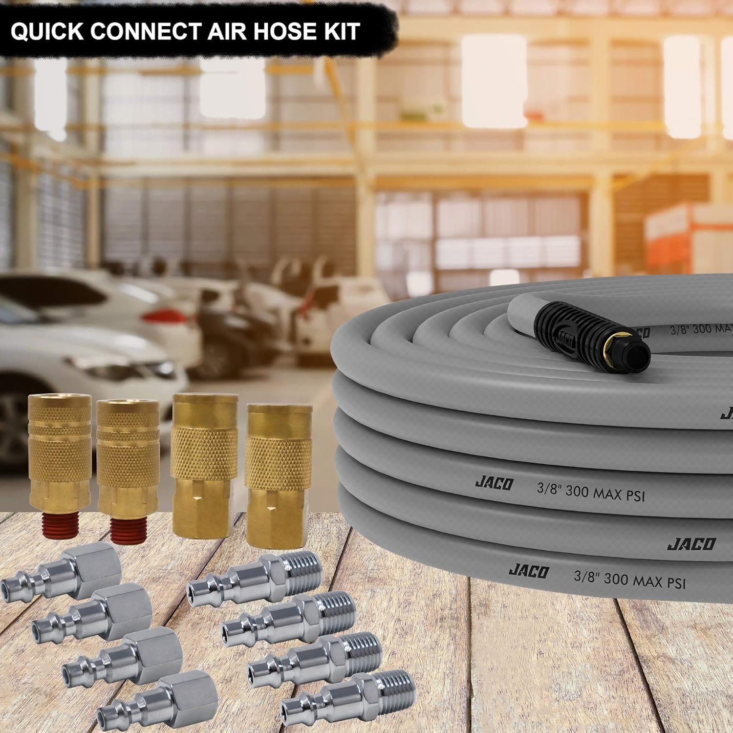 JACO FlexFlow Tire Inflation Bundle Kit (JSP-2000) with FlowPro Digital Inflator Gauge (200 PSI), Flexpro Air Compressor Hose & Industrial Quick Connect Fittings (12 Pack, 1/4" NPT)