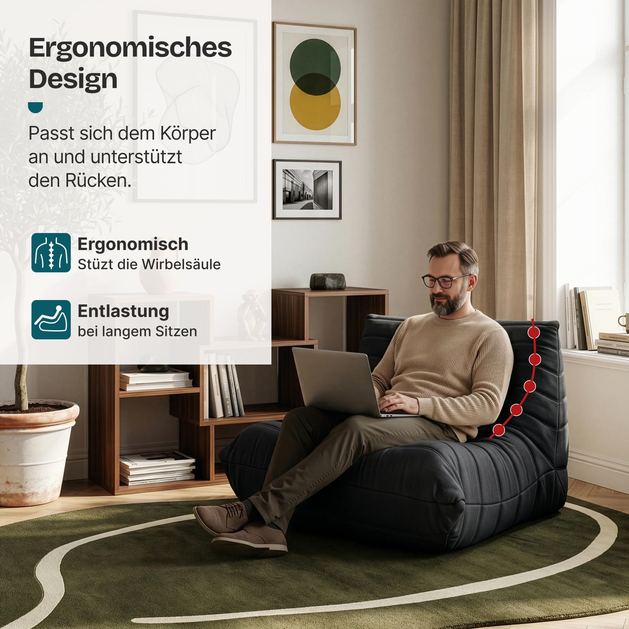 [en.casa] Bodensessel Kodsø Bodenstuhl mit Rückenlehne Lesesessel gepolstert Bodenkissen Sitzsack Sofa Mikrofaser Bodensofa 75 x 90 x 100 cm Relaxsessel Schwarz