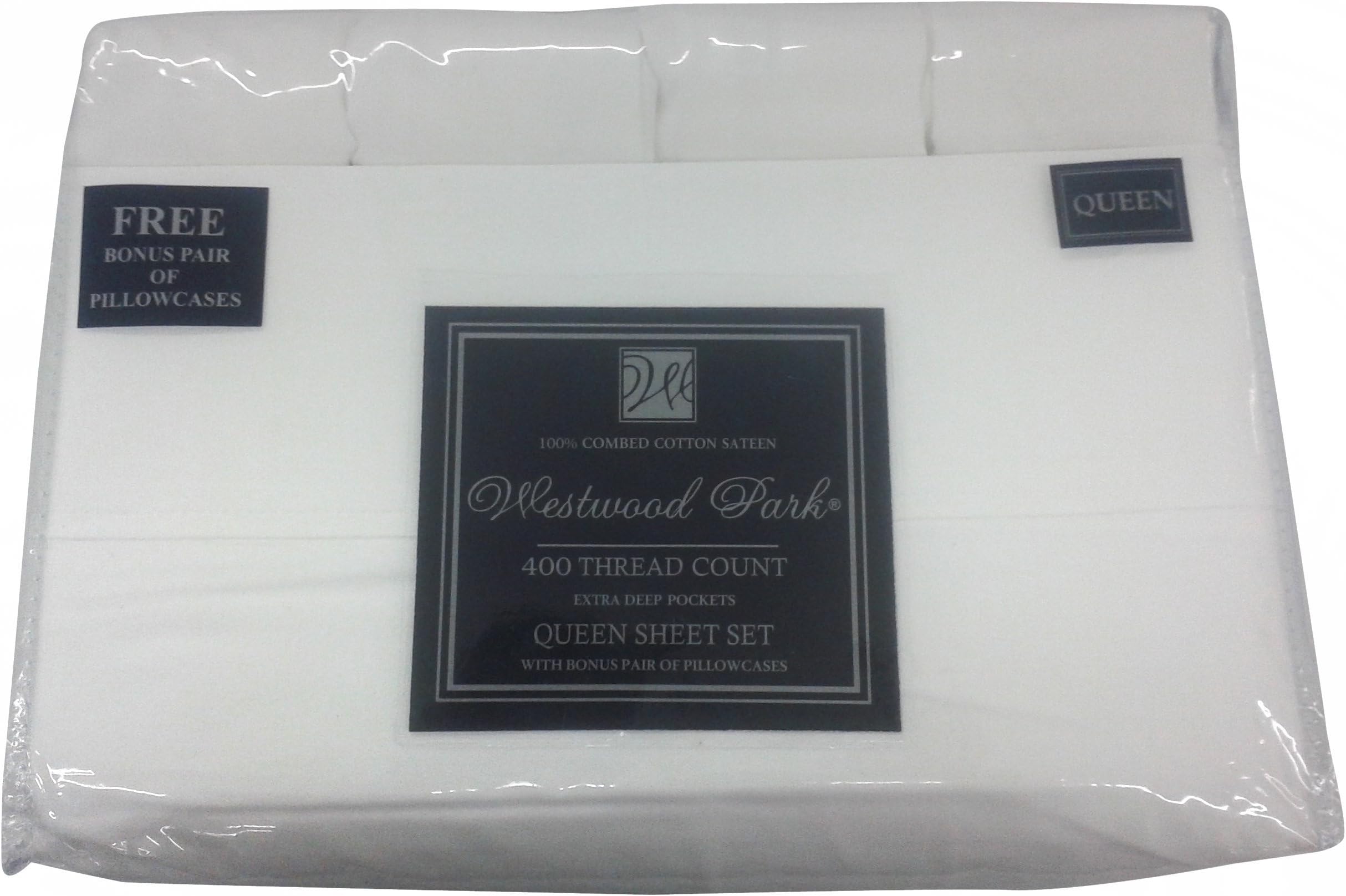 Westwood Park 6 Piece 400 Thread Count 100% Cotton Sateen Sheet Set, Queen, White