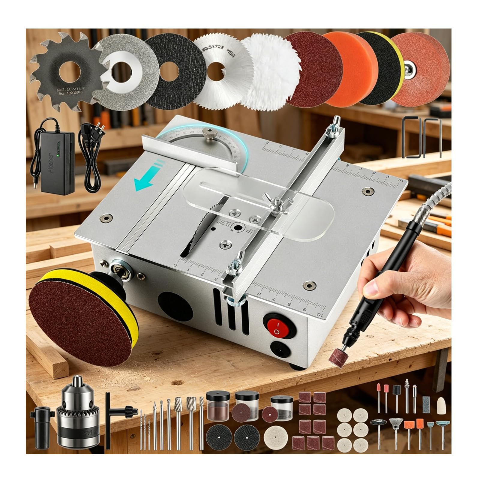 Blsojeet Silver Mini Multi-Functional Table Saw,Desktop Electric Mini Saws,With Features Speed,Angle,And Depth Adjustment,Integrates Cutting,Grinding,And Engraving For Wood Acrylic Pcb Plastic