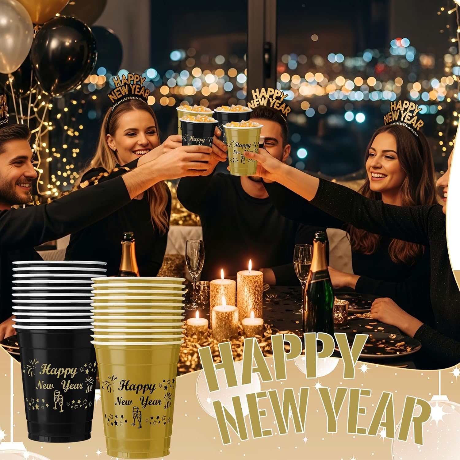 Vesici 50 Pcs 12 oz Happy New Year Disposable Plastic Cups Black Gold Drinking Cups New Year Party Supplies for Holiday Christmas - Image 6