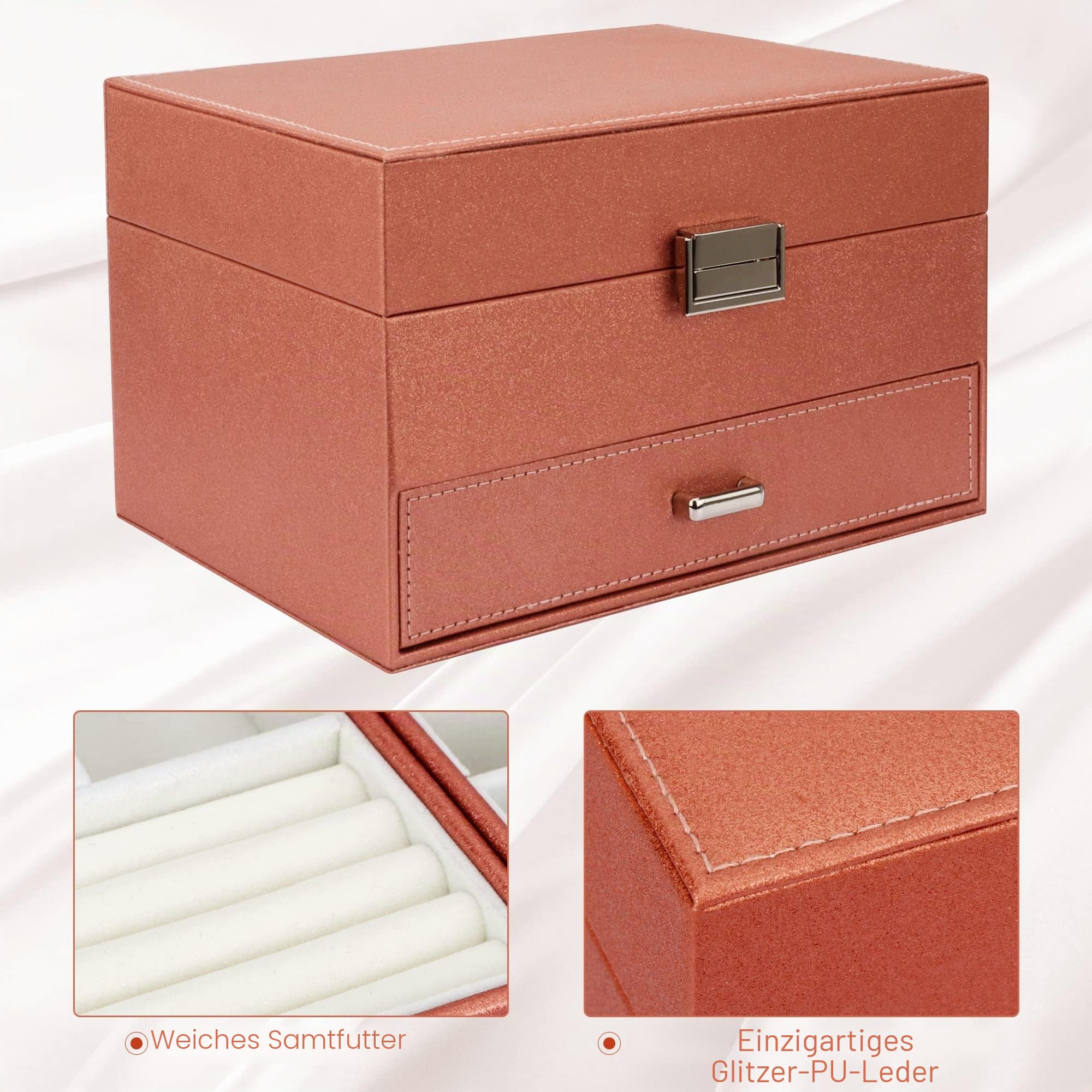 Schmuckkasten, Schmuckkästchen mit Schubladen für Damen Mädchen, PU-Leder Jewelry Box Schmuckbox Schmuckschatulle Groß Schmuckaufbewahrung für Ringe Ohrringe Armbänder Halsketten, Roségold