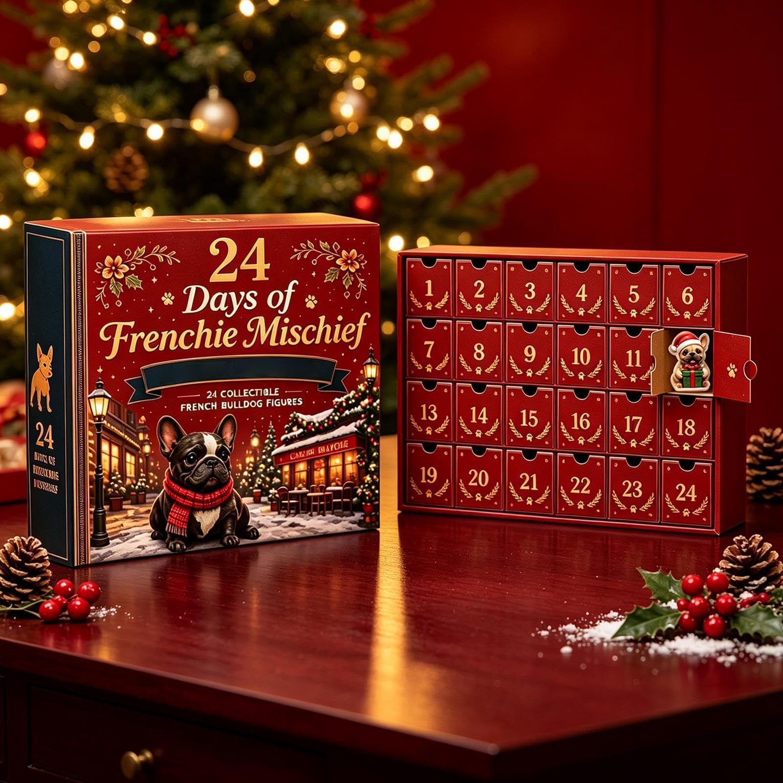 Calendario natalizio per conto alla rovescia dell'Avvento 2D piatto Bulldog