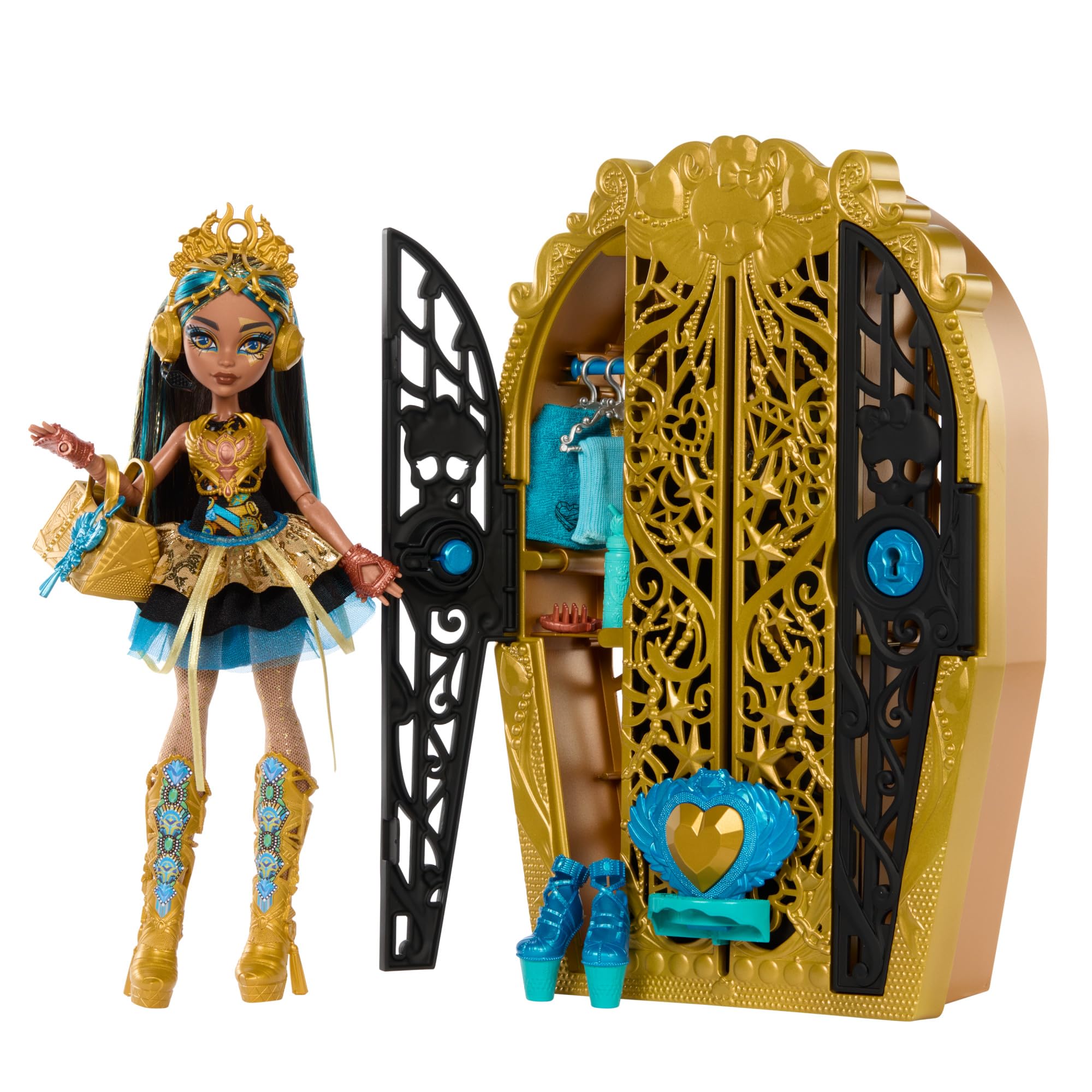 Monster High Skulltimate Secrets Puppen- und Accessoire-Set, Monster Mysteries Cleo De Nile mit Kleiderschrank und mehr als 19 Überraschungen inklusive Kleidung, HXH86