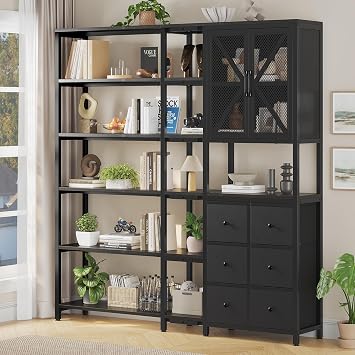 HAUOMS Corner Bookshelf, 6 Tier Convertible Bookshelf with 6 Drawers, Black