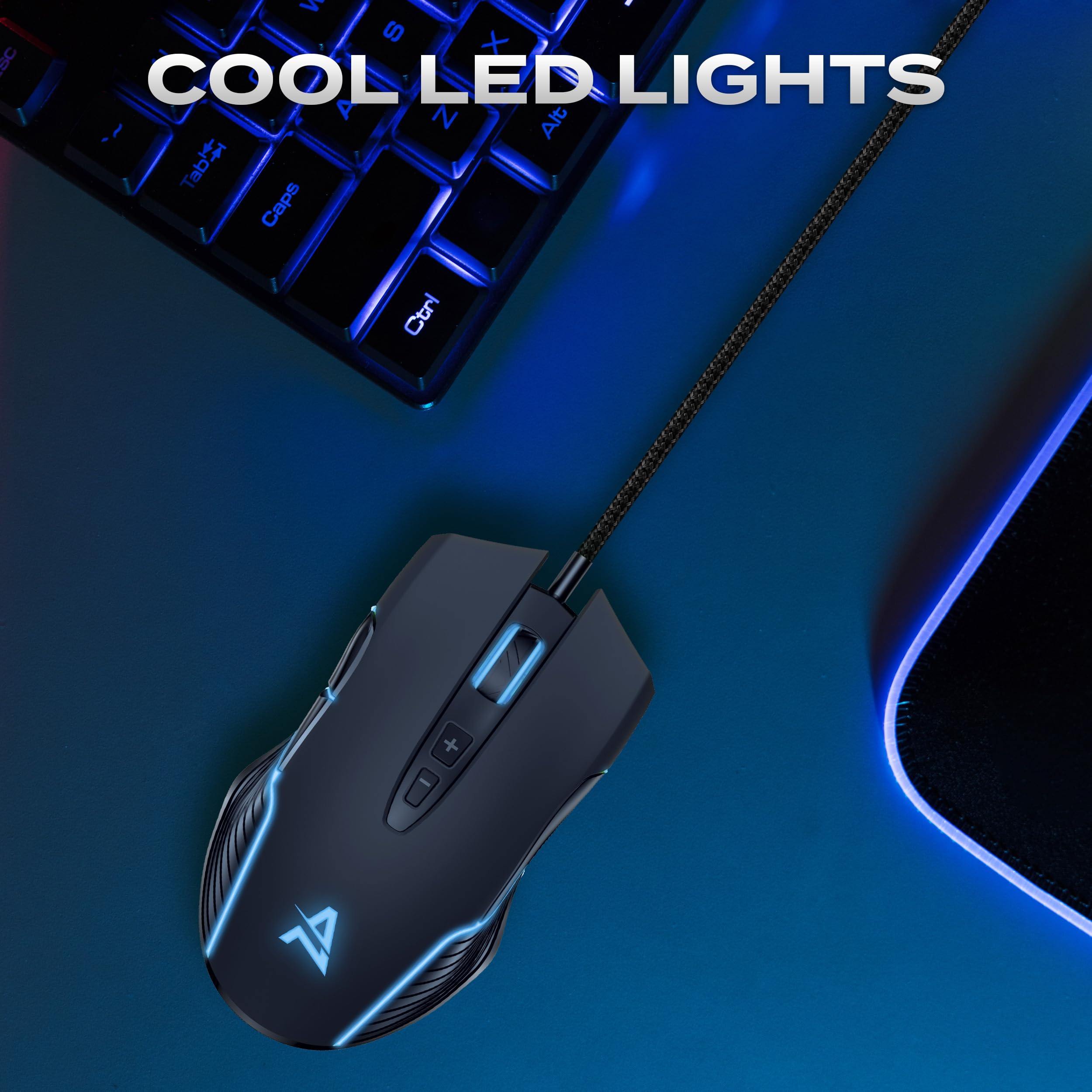 Aimzone - Ratón para juegos con cable LED, ratones con cable, DPI ajustable hasta 6400, ergonómico, 7 botones programables, totalmente compatible, ratón negro para jugadores con luz