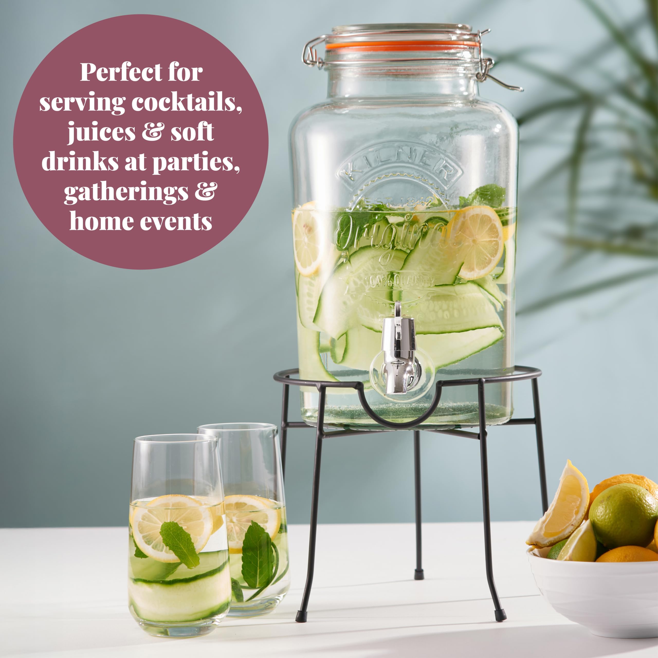 Kilner Tarro de almacenamiento de vidrio de 5 litros con grifo dispensador hermético con clip superior para servir bebidas, cócteles y bebidas infusionadas, ideal para fiestas y bufés