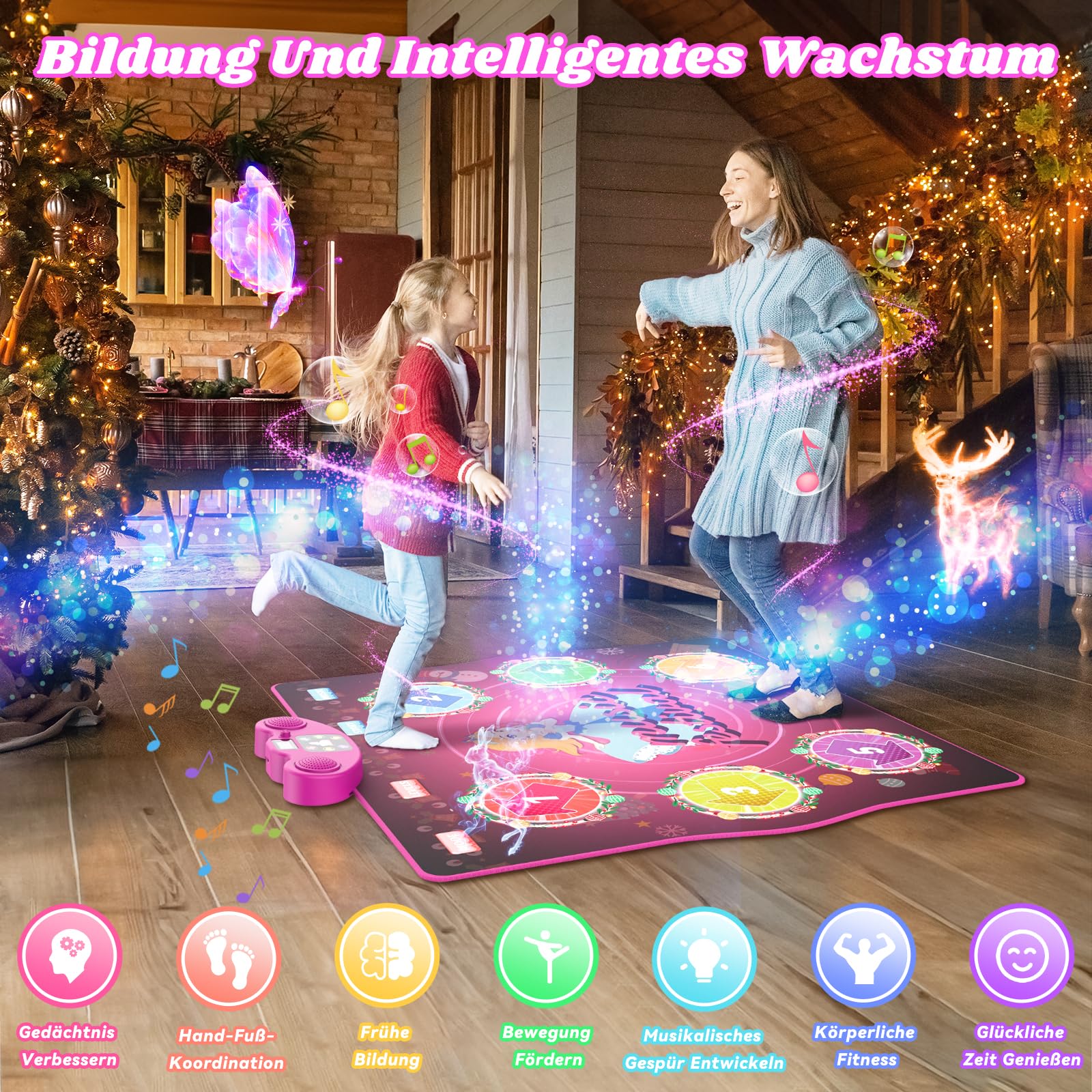 PLEGBLE Tanzmatte für Kinder ab 3 4 5 6 7 8 9 10 11 12 Jahre, Spielteppich Mädchen Spielzeug ab 3-12 Jahre, Geschenke Weihnachten, Type-C Anschluss für Stabile Stromversorgung, Bluetooth Musik, 6 Modi