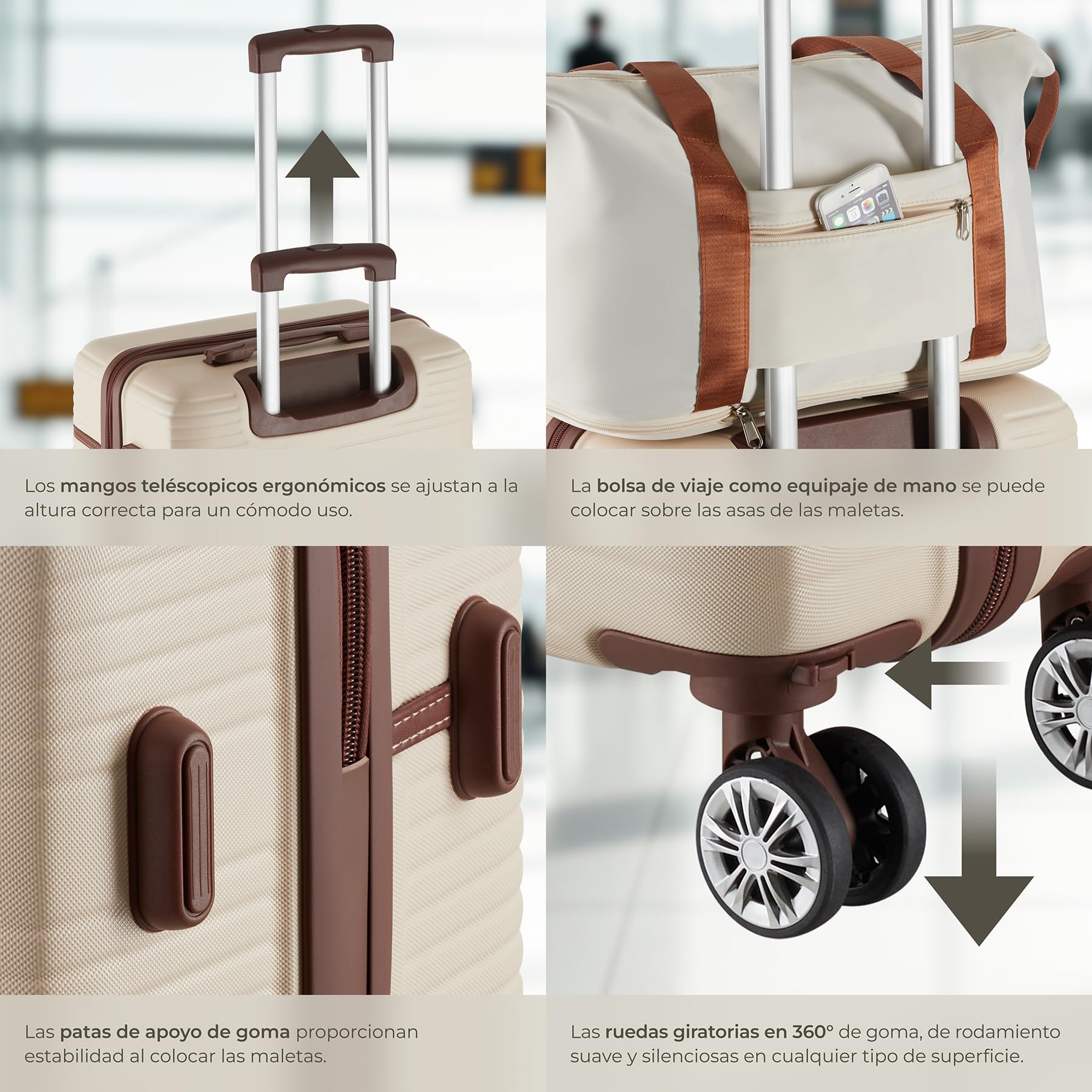 tectake® Juego de Maletas de 13 Piezas, Maleta Grande, Mediana y de Mano, Maletas de Viaje en ABS e Imitación Cuero, Cerradura TSA, Ruedas 360°, Set de Maletas Apilables, Accesorios Viaje - Crema